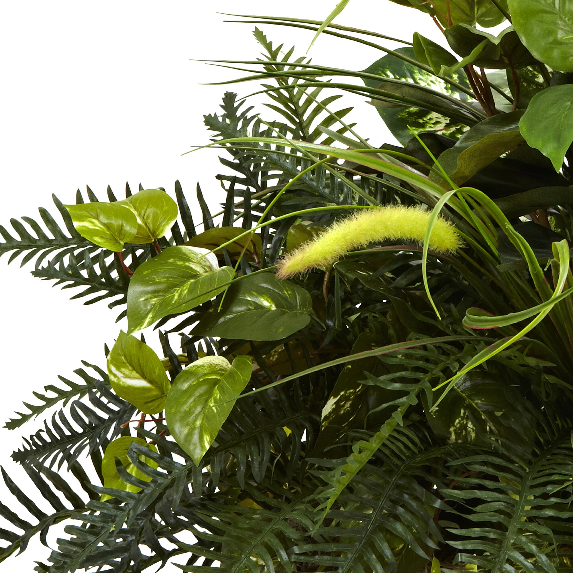 Green Plastic Fern and Grass Arrangement in Iron Planter
