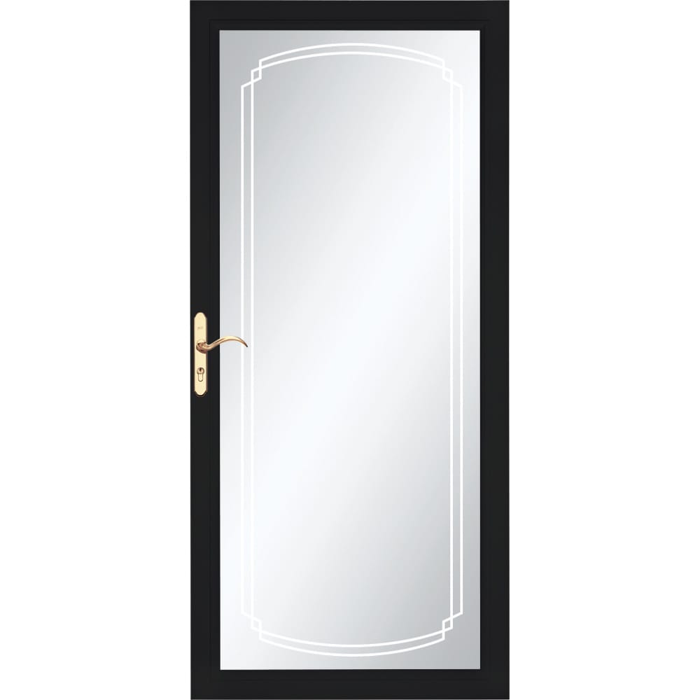 Pella 6000AB05207 Select 36-in x 81-in Obsidian Aluminum Reversible Hinge Storm Door Full-view with Interchangeable Screen (Polished Brass Handle Included)