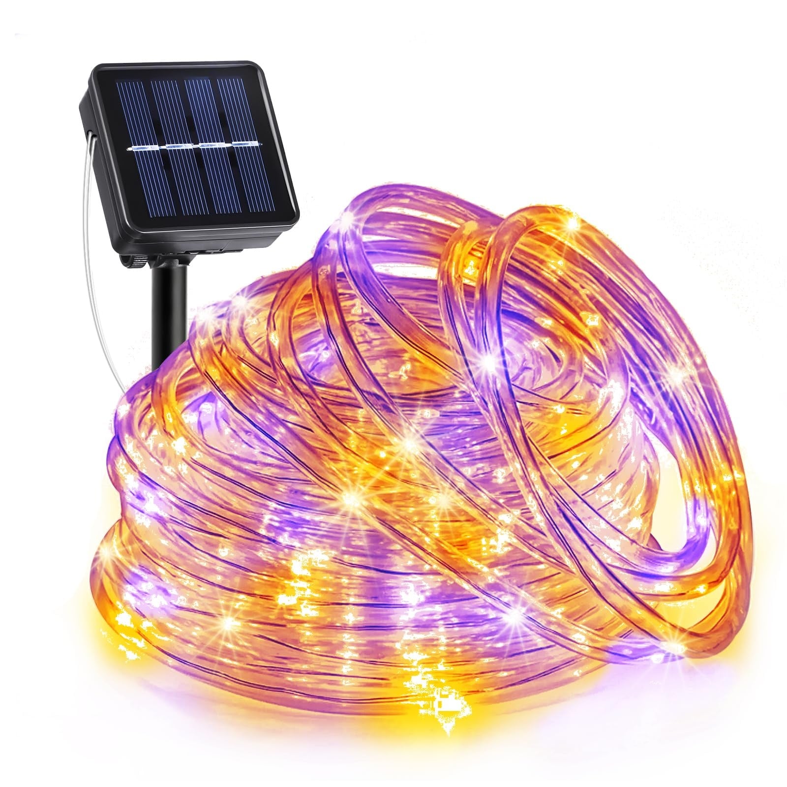 Oyezvary  33FT 135 LED Solar Rope Lights Outdoor Waterproof Purple and Orange 8 Modes Memory Function for Garden Yard Fence Patio Party Holiday