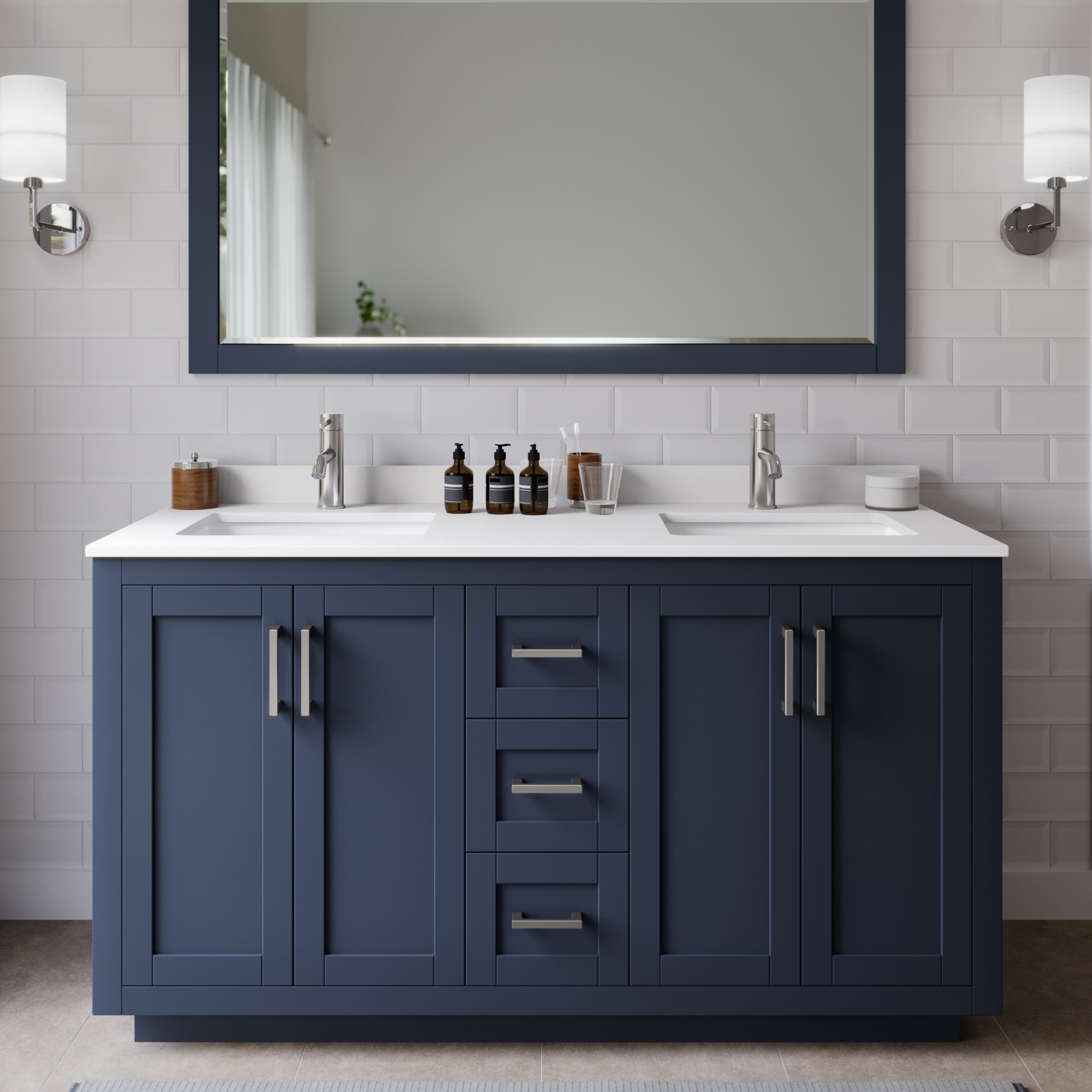 Wyndham Collection WCF292960DBNWCUNSMXX Miranda 60-in Dark Blue with Brushed Nickel Trim Undermount Double sink Bathroom Vanity with White Cultured Marble Cultured marble Top