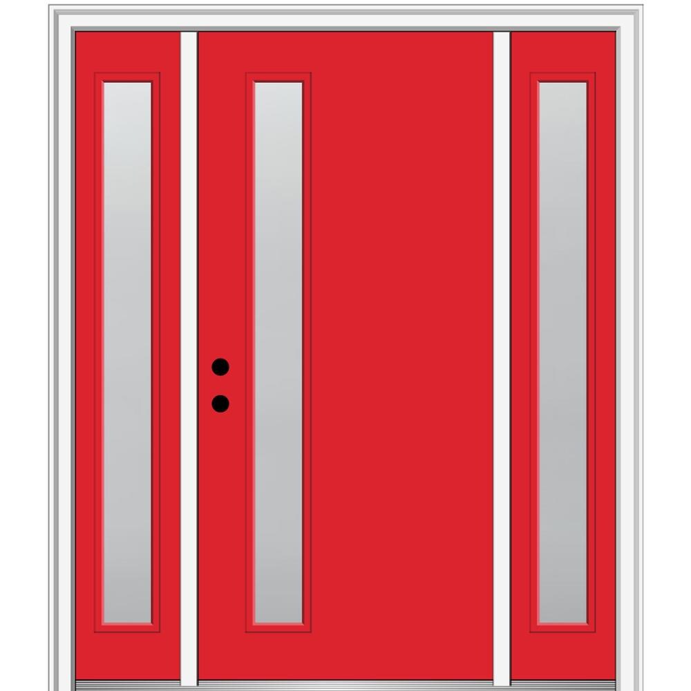 MMI DOOR ZZ347119R Spotlights 64-in x 80-in x 4-9/16-in Fiberglass Pulse lite Right-hand inswing Red Saffron Painted Prehung Front Door with Sidelights with Brickmould Insulating core