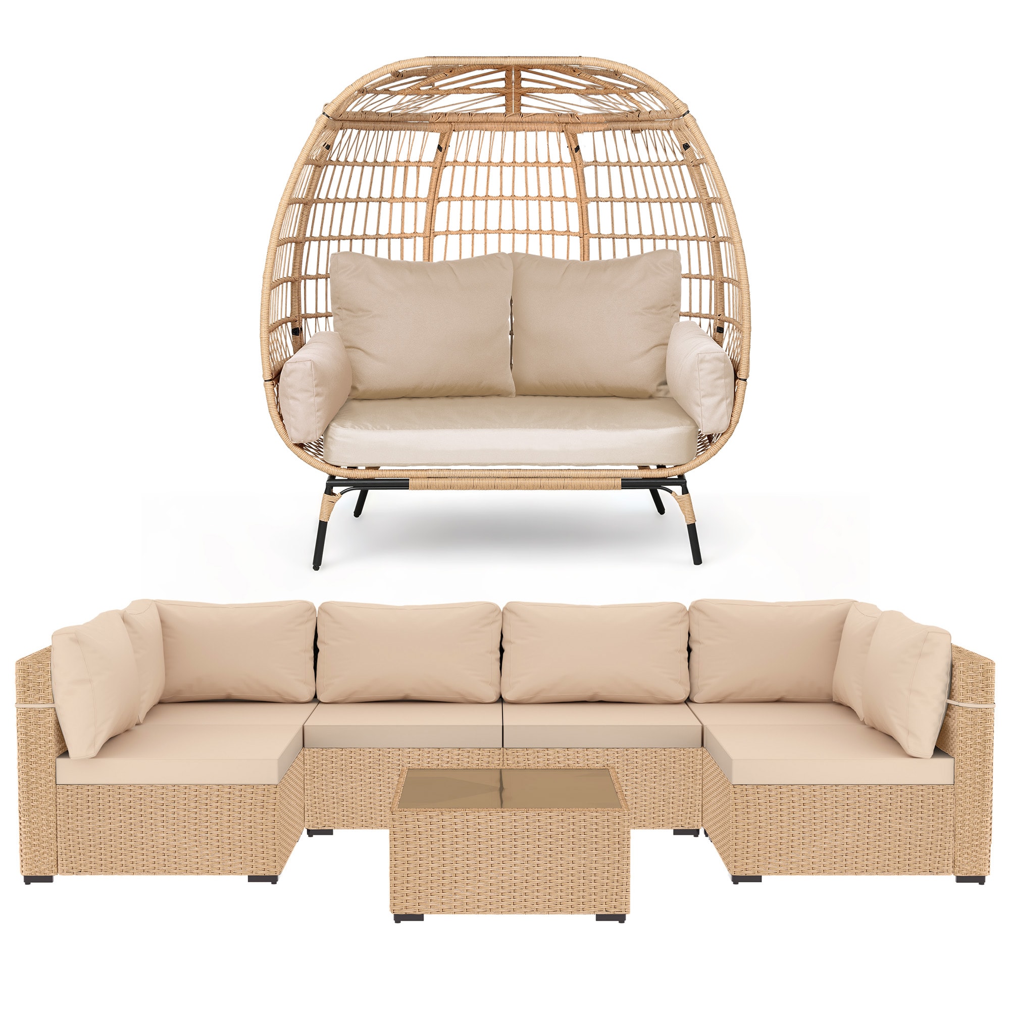 Patio Watcher RT7-SDEGG2-Y1-4 8-Piece Rattan Patio Conversation Set with Off-white Cushions