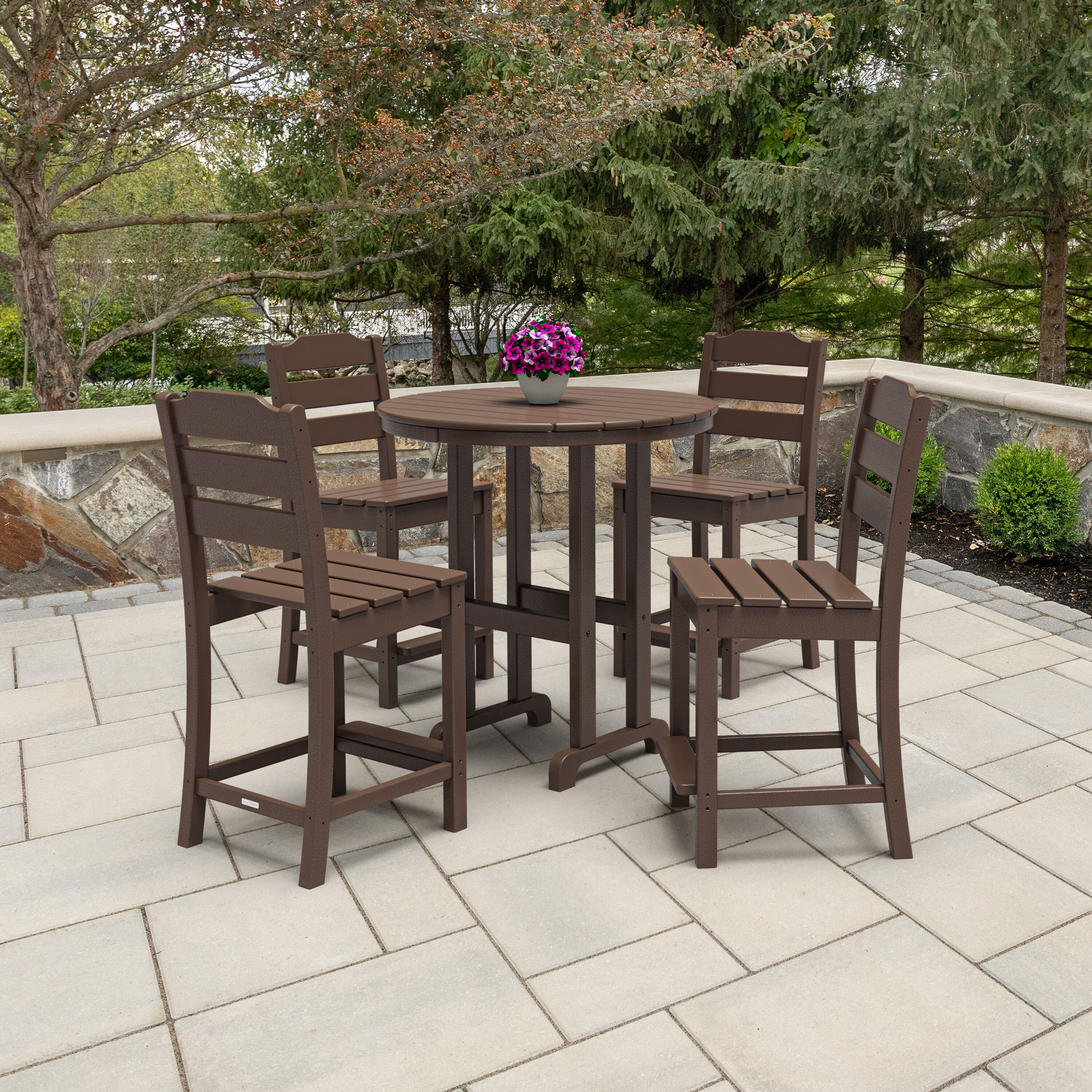 POLYWOOD PWS2542-1-MA Oakport 5 -Piece Mahogany Balcony Height Patio Dining Set Plastic Round Table with 4 Stationary Chairs