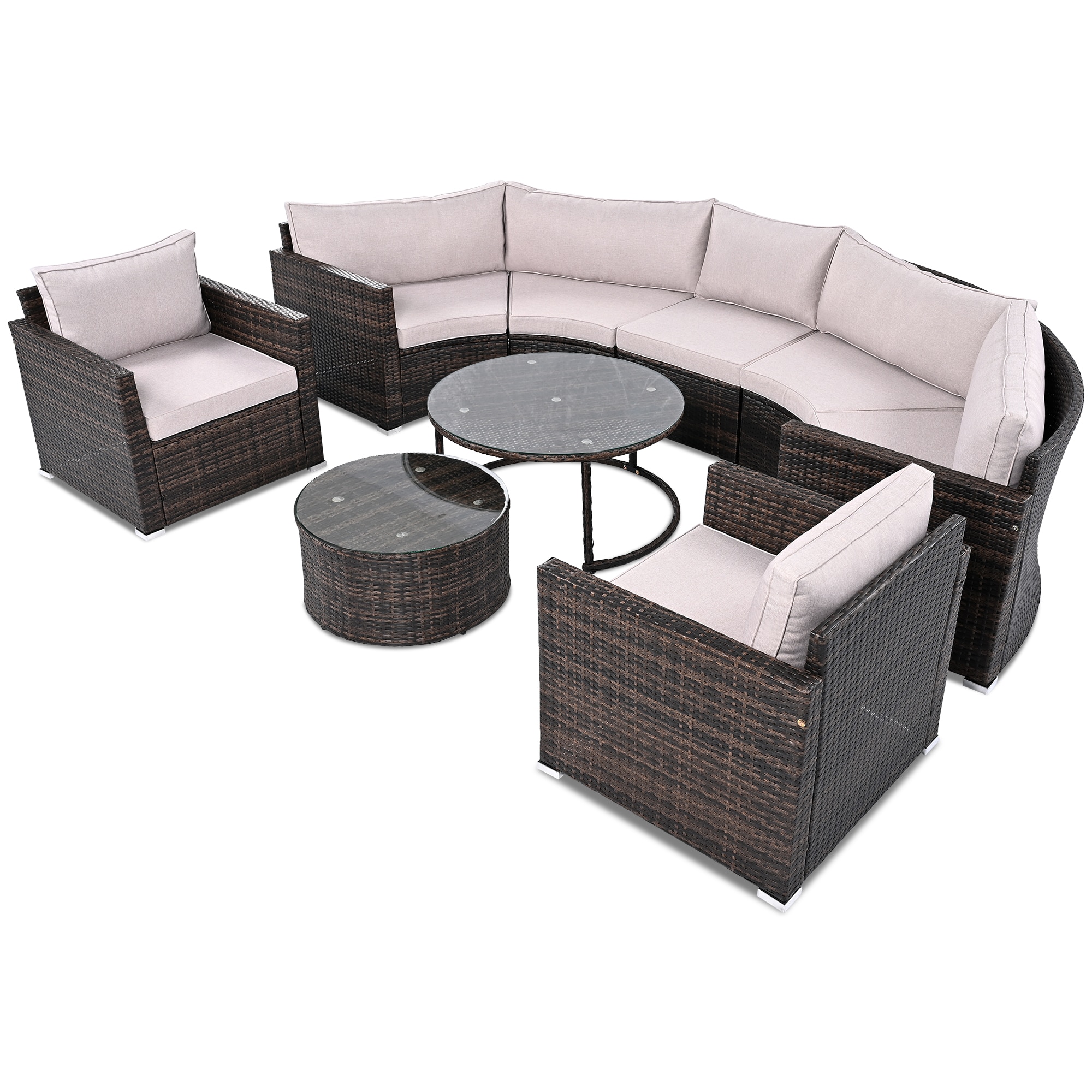 Forclover HYFC-7PD20B CG Outdoor Wicker Rattan Sectional Sofa 5 -Piece Patio Conversation Set with Beige Cushions