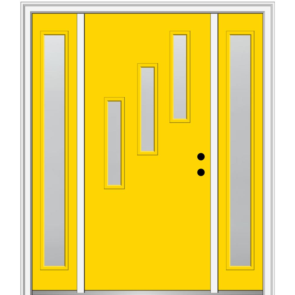 MMI DOOR ZZ350791L Spotlights 64-in x 80-in x 6-9/16-in Fiberglass Pulse lite Left-hand inswing Yellow Flash Painted Prehung Front Door with Sidelights with Brickmould Insulating core