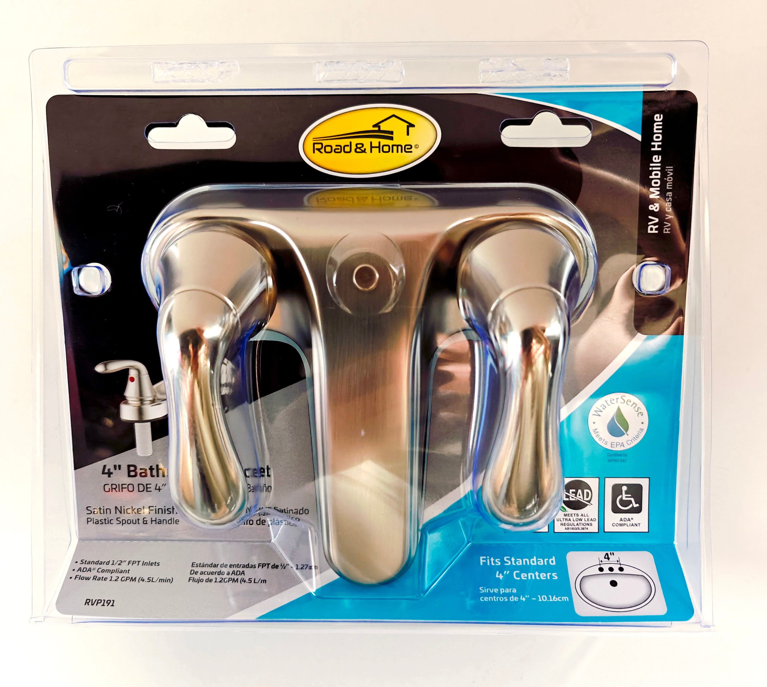 Road & Home RVP191 Satin Nickel 4-in centerset 2-handle Low-arc Commercial/Residential Handle Bathroom Sink Faucet with Deck Plate