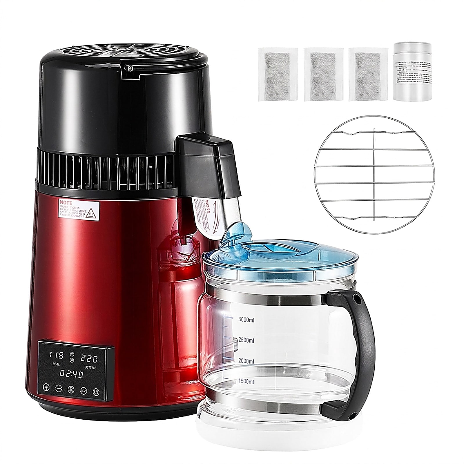 GIVIMO 4-L Water Distiller 1.1-Gal Countertop Water Purifier with 1750W Heating 304 Stainless Steel Interior Borosilicate Glass Pot and Activated Carbon for Home and Office in Red #LW038GIVSS900