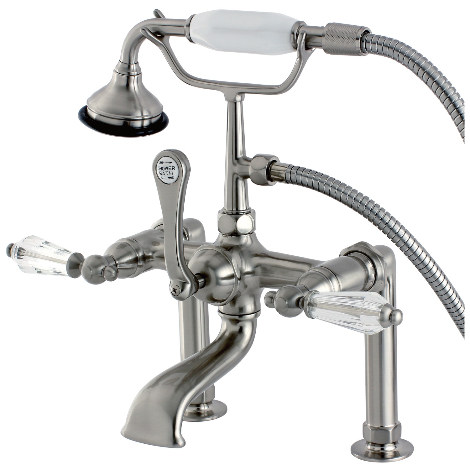 Kingston Brass Wilshire Brushed Nickel 3 Handle Deck Mount Roman Low Arc Bathtub Faucet With 1539