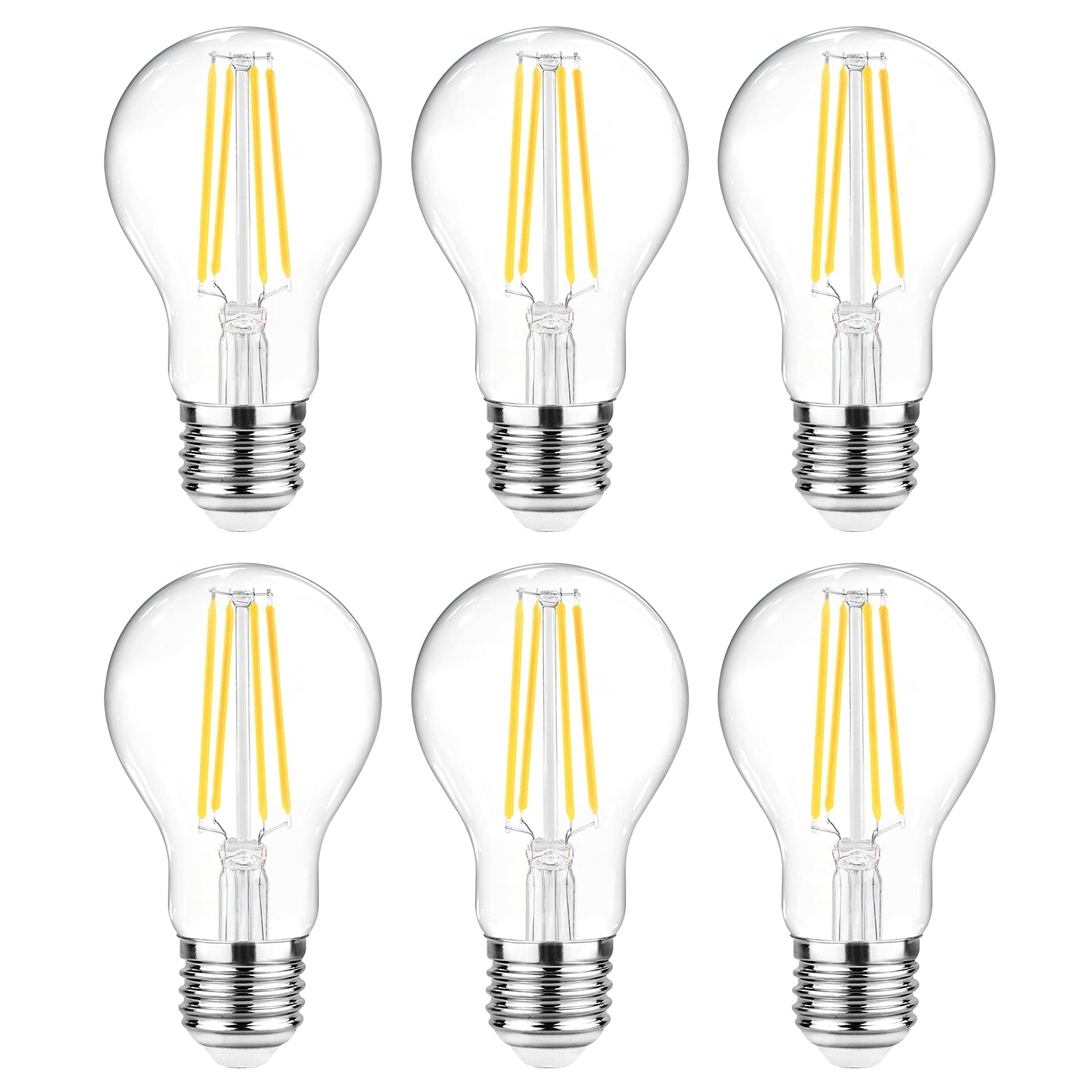 Oyezvary  60 Watt Equivalent E26 LED Filament Light Bulbs Daylight White 4000K Non Dimmable Classic Clear Glass A19 LED Light Bulb Pack of 6