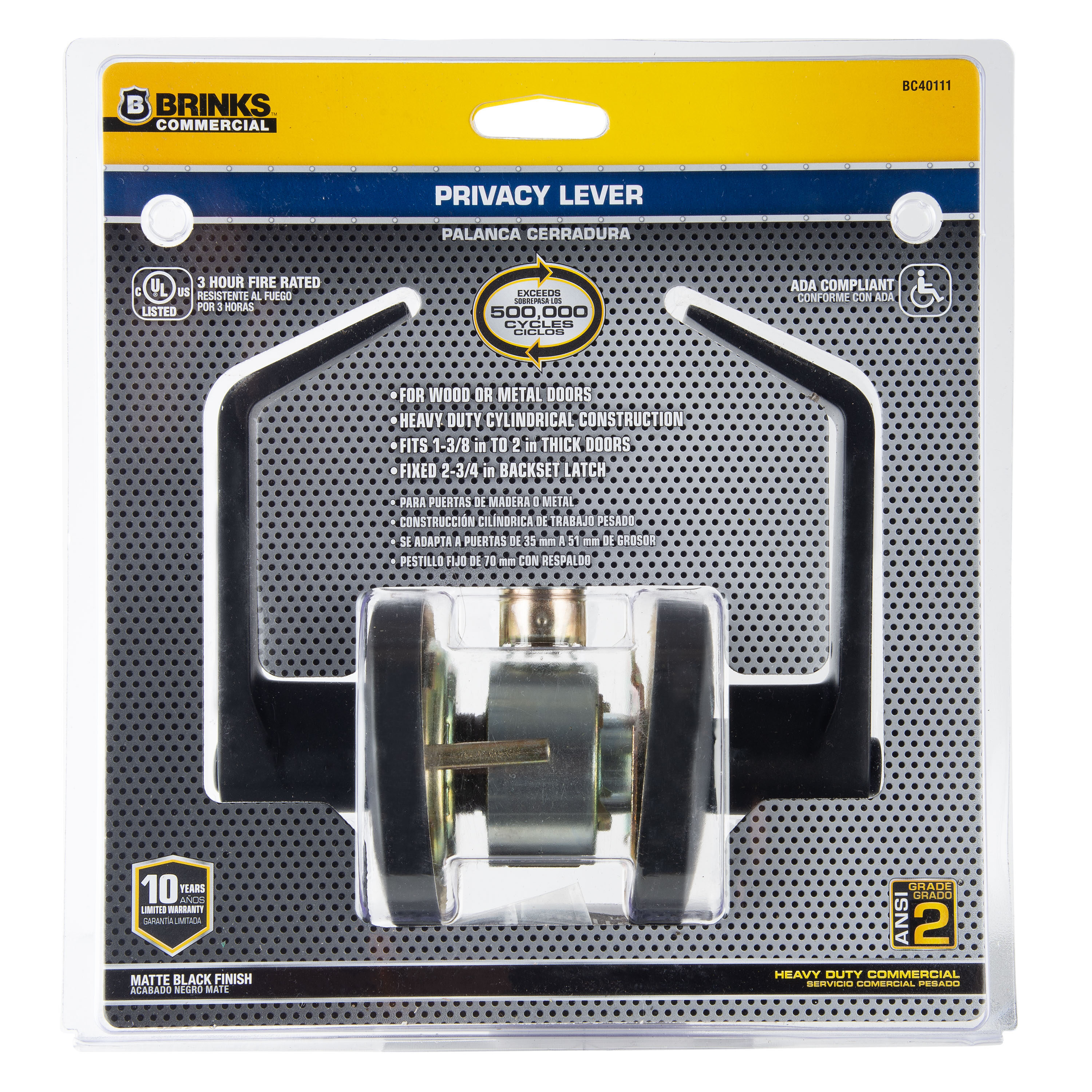 BRINKS COMMERCIAL BC40111 Heavy Duty Commercial Lever Matte Black Interior Bed/Bath Privacy Door Handle