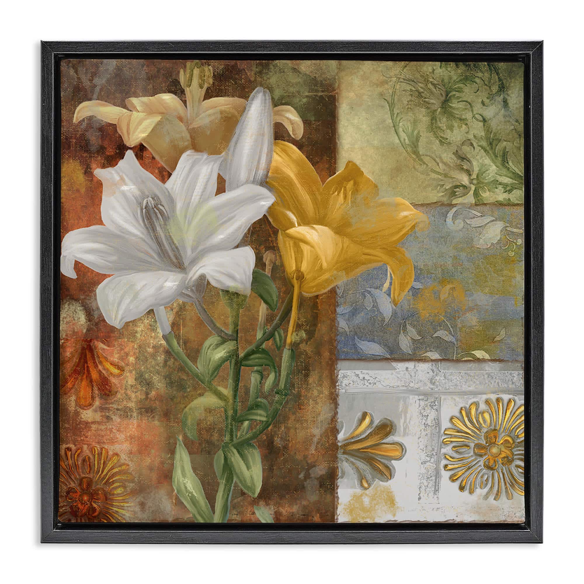 Stupell Industries BT-002-FFB-24X24 Blooming Lilies on Tile Pattern Black Framed Floater Canvas Wall Art By Sasha 25 x 25