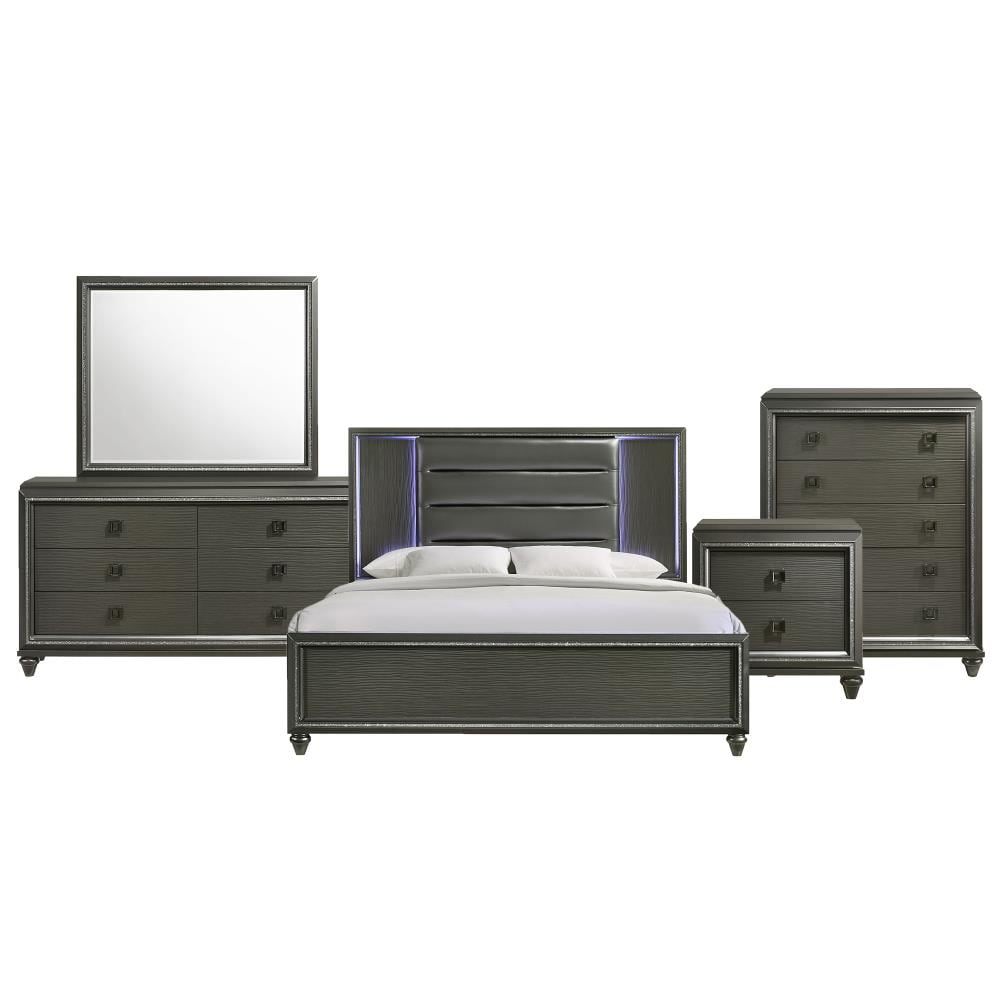 Picket House Furnishings Faris Gray Panel King Bedroom Set with Upholstered  Headboard, Chest, Nightstand, Dresser & Mirror in the Bedroom Sets  department at