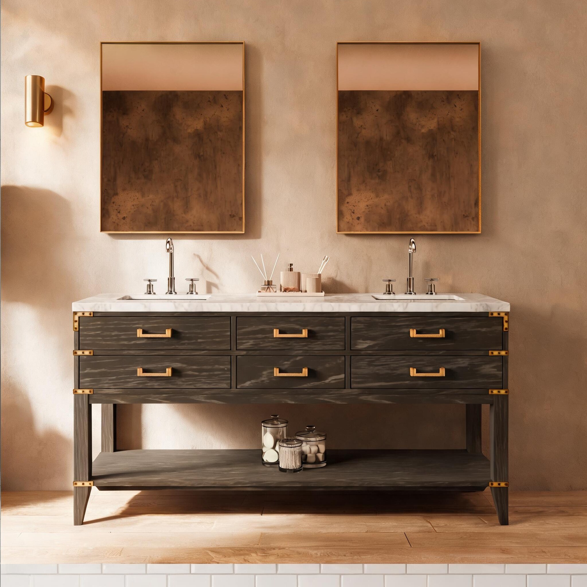 Naturefalls - Deep Black Wood Double Bath Vanity with Carrara Marble Top and Faucet 72-Inch Bathr...