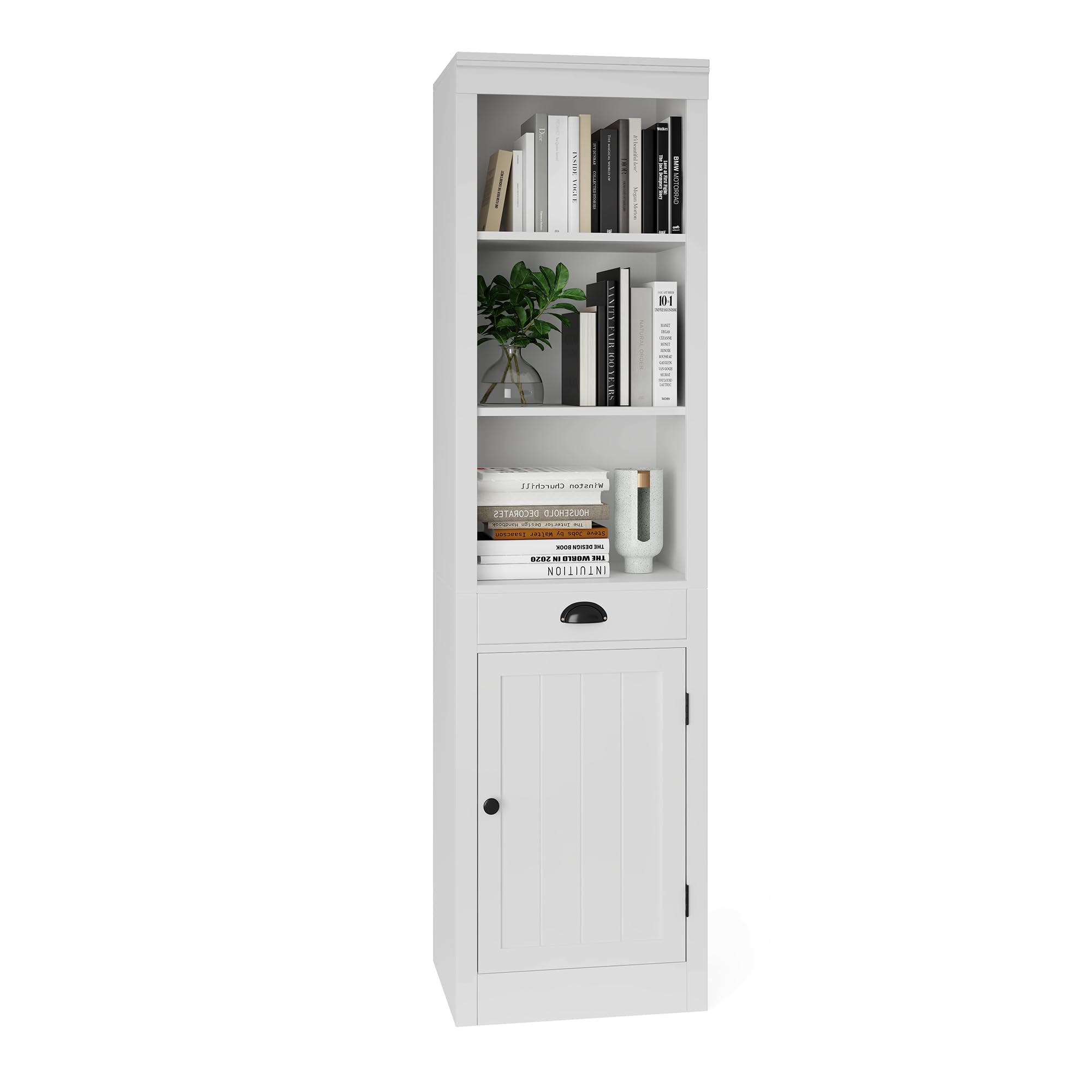 Garvee 71 Inch Tall Bookcase With One Door And One Drawer Five Tier Narrow Bookshelf With Adjustable Shelf White Bookcase For Home Office Kitchen And Living Room Use