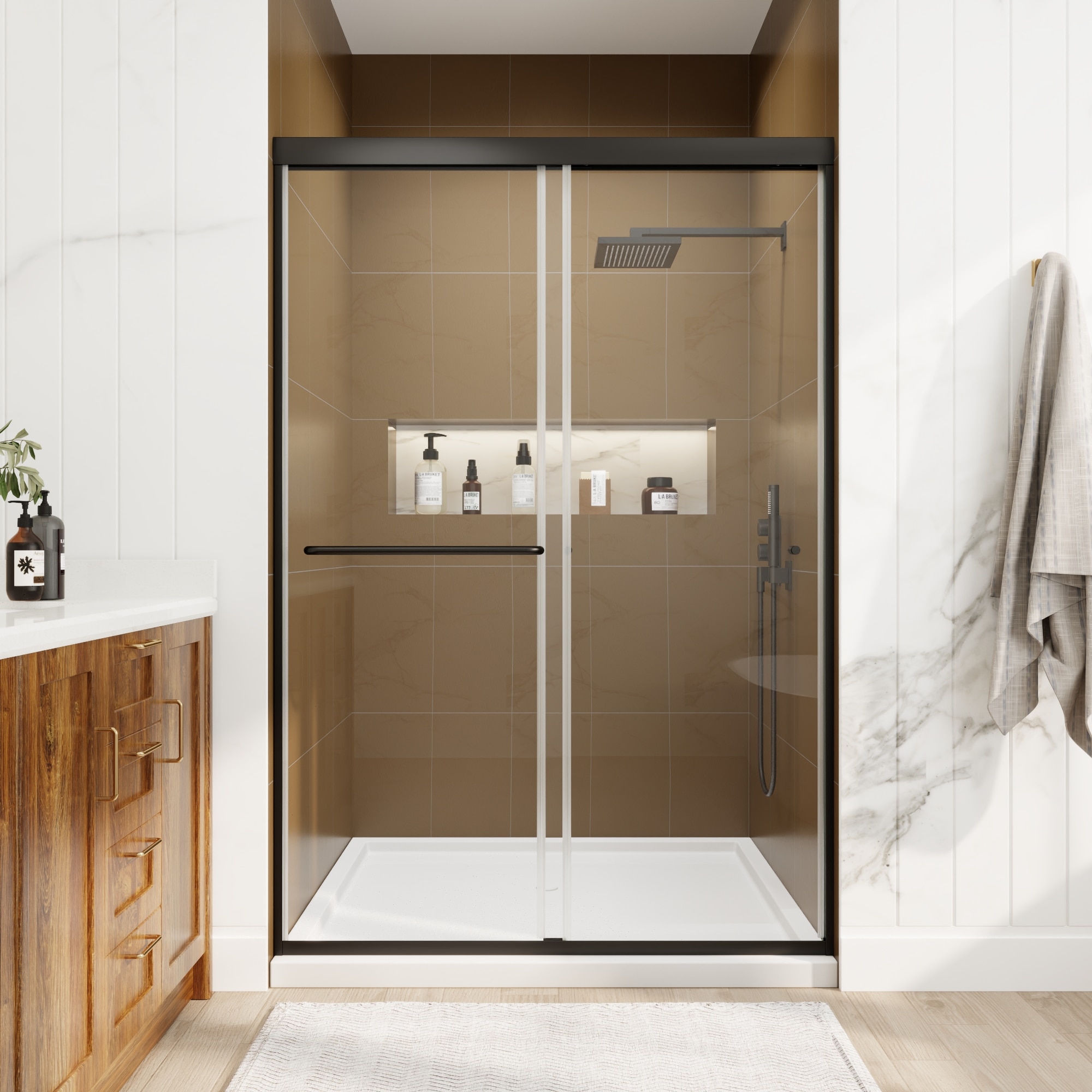 MODLAND 44-in to 48-in W x 70-in H Matte Black Framed Sliding Shower Door with Clear Tempered Glass