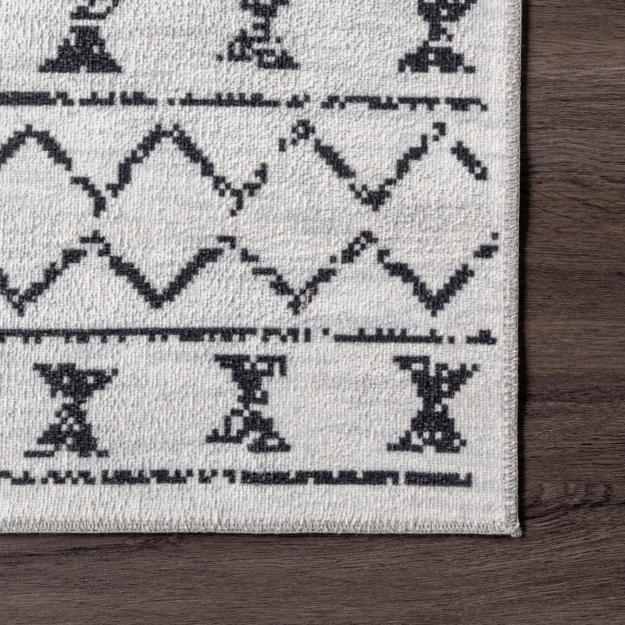 Ivory and Black Machine Washable Moroccan Area Rug