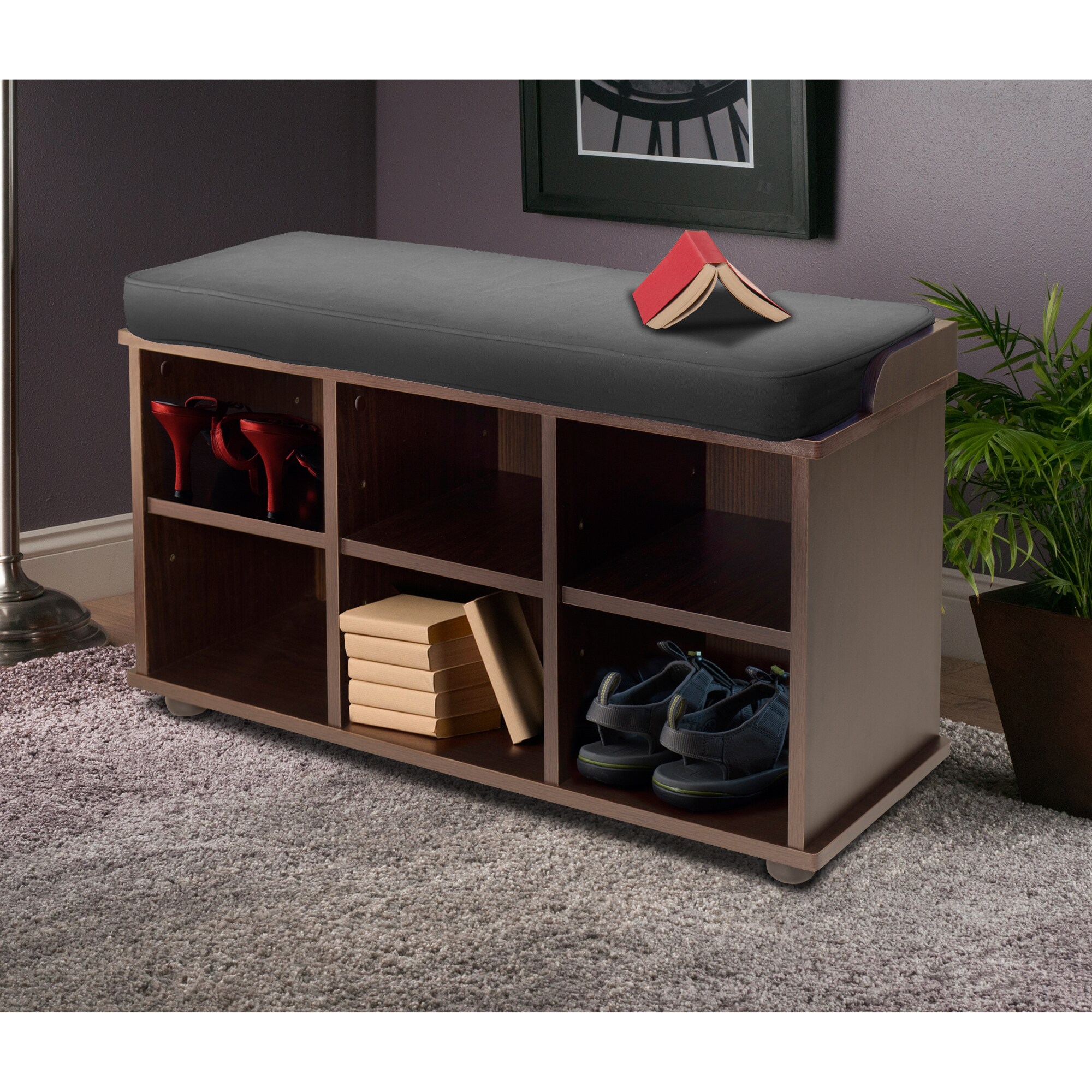 Transitional Townsend Espresso Storage Bench with Cushioned Seat