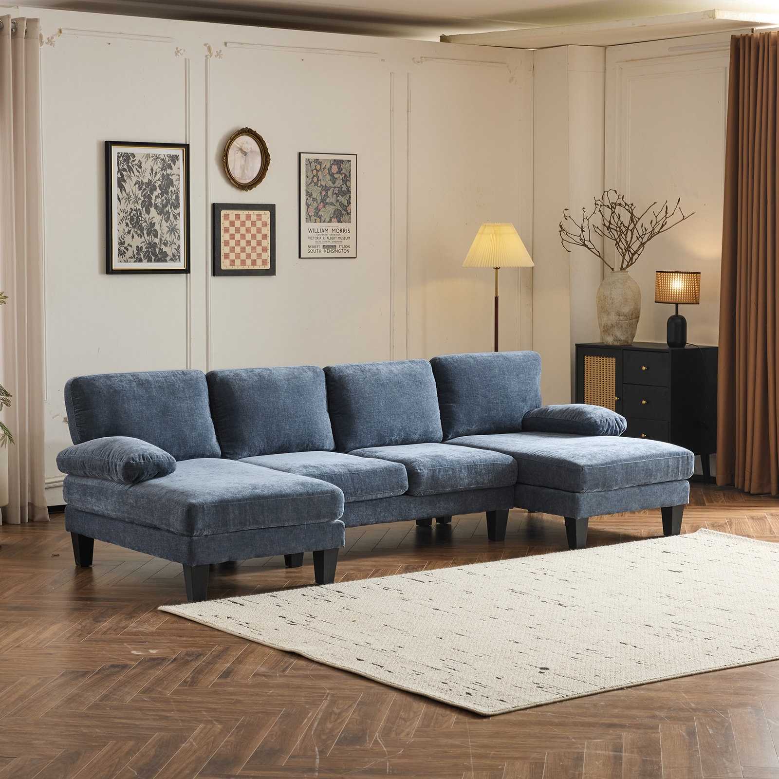 Outopee LO1G98000453+54 111.4-in Modern Blue Chenille Sectional