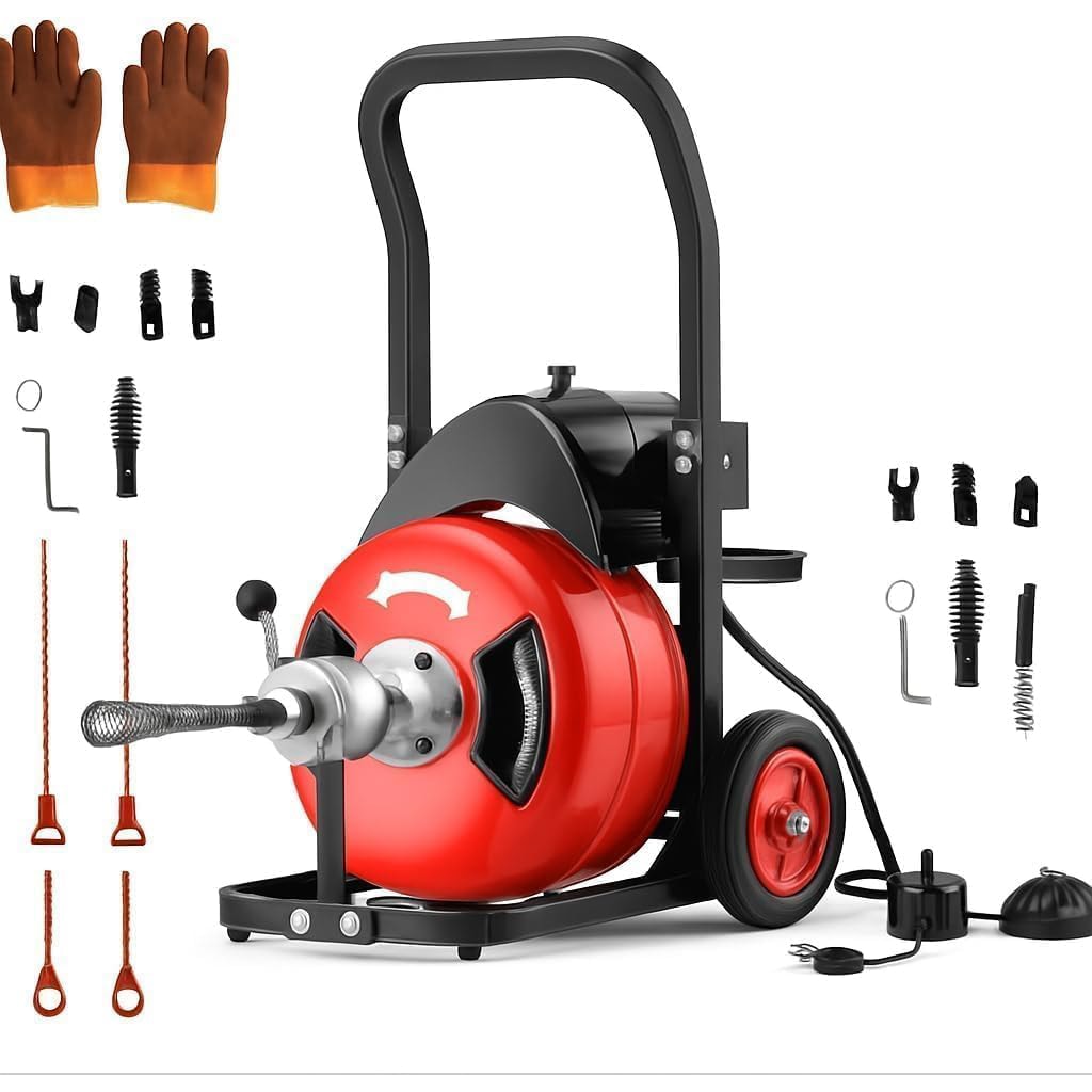 Garvee Drain Cleaning Machine 100 ft 3/4 in Cable 450W Auto Feed Portable Electric Sewer Snake Electric Drain Auger with 4 Cutter Air Activated Foot Switch for 2 in to 4 in Pipes
