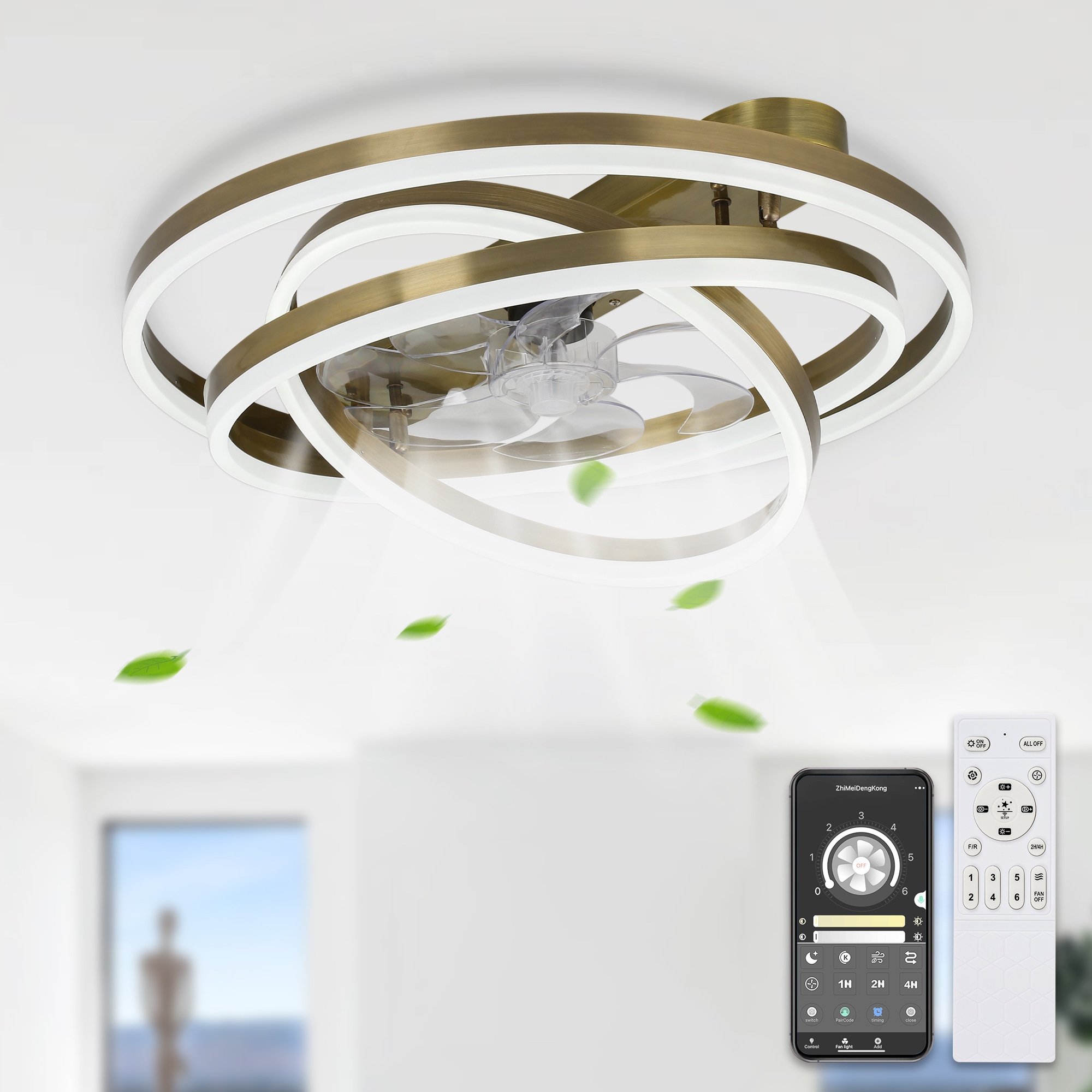Bella Depot WSFSD2401-Q 24-in Color-Changing Integrated LED Flush Mount Bronze with Clear Blades Cage Ceiling Fan With Light - Remote Included ( 7 -Blade )