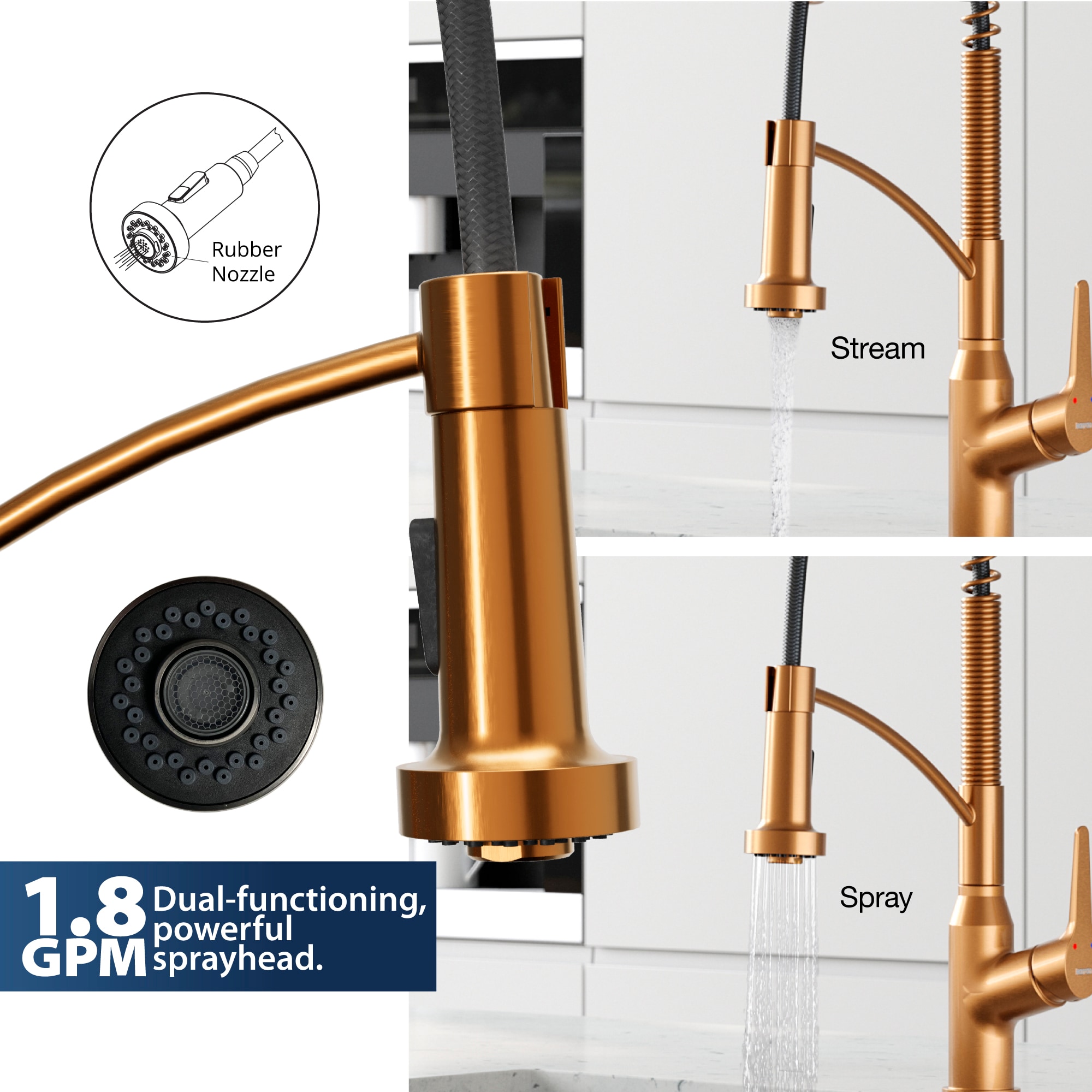 Brushed Copper Pull-Down Kitchen Faucet with Brass Construction