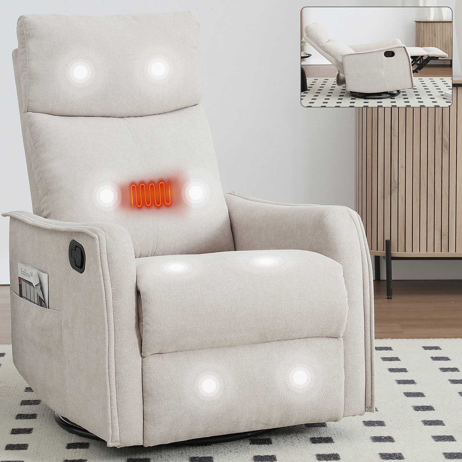 GZMR GZ-W1803RC79 Heat Massage Manual Recliner Chair with Rocker and Swivel Beige Polyester Upholstered Swivel Powered Reclining Recliner