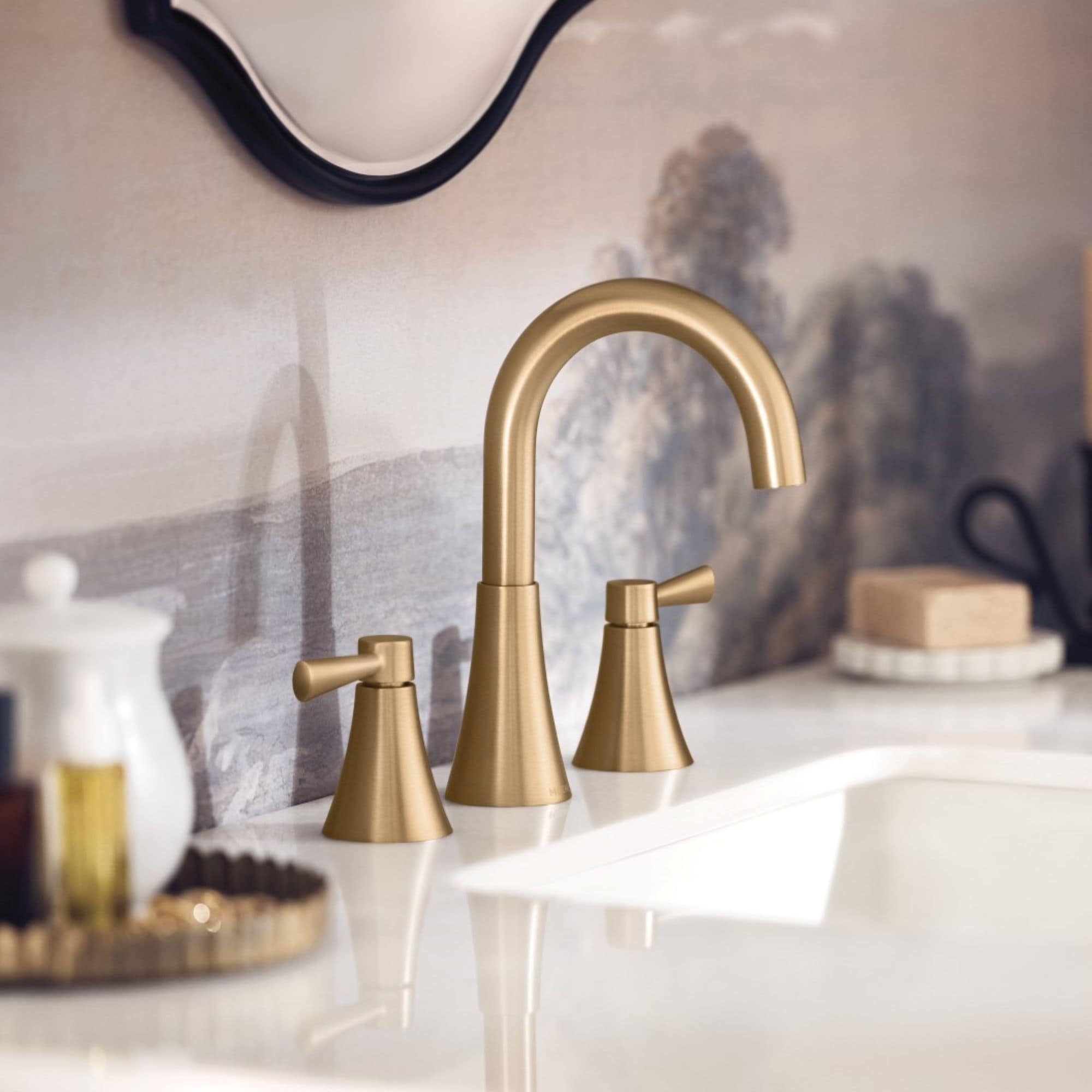 Moen 84023BZG Ronan Bronzed Gold Widespread 2-handle WaterSense High-arc Commercial/Residential Handle Bathroom Sink Faucet with Drain