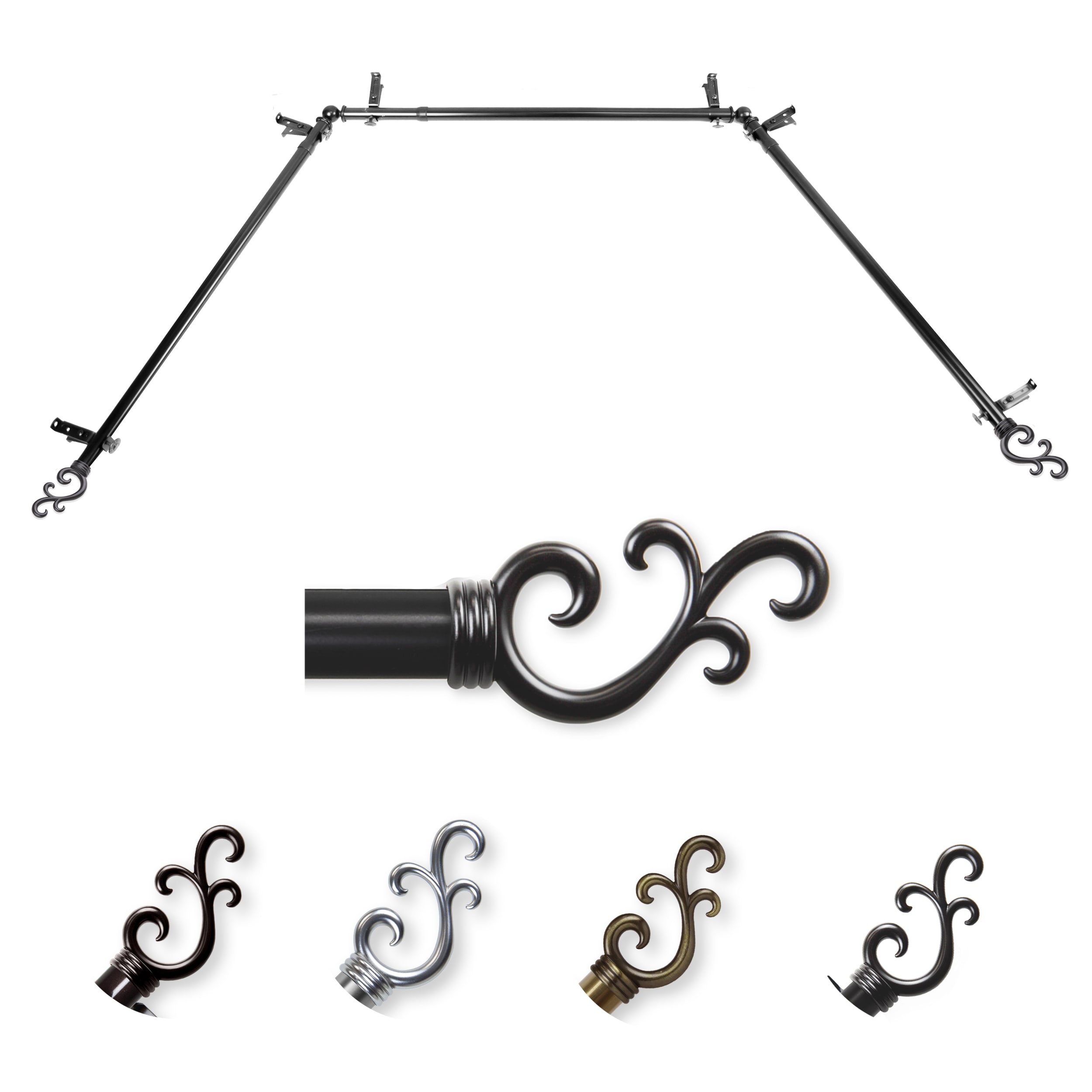 Hart & Harlow L-ABAY-35-2 Luanda 13/16-in Bay Black Steel Bay window curtain rod with Finials