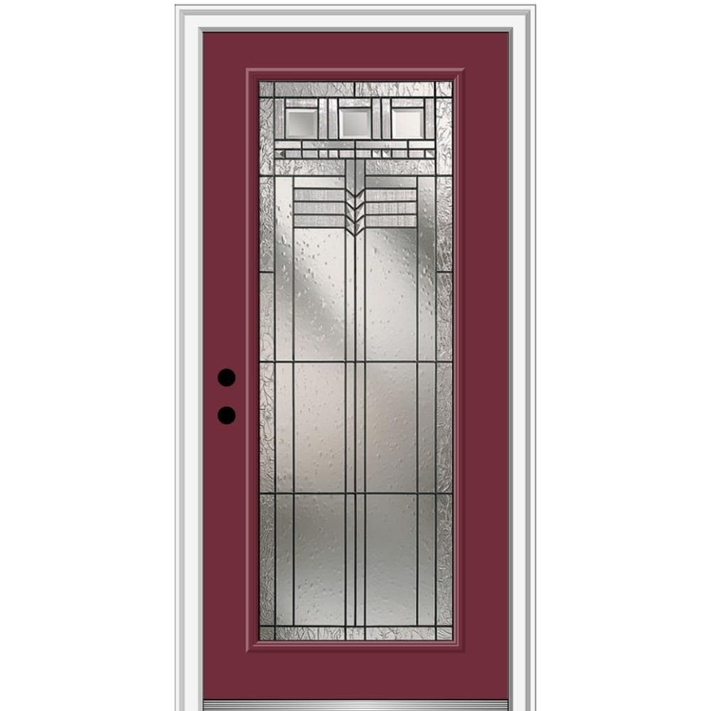 MMI DOOR ZZ3664146R 32-in x 80-in x 4-9/16-in Fiberglass Full lite Right-hand inswing Burgundy Painted Prehung Front Door with Brickmould Insulating core