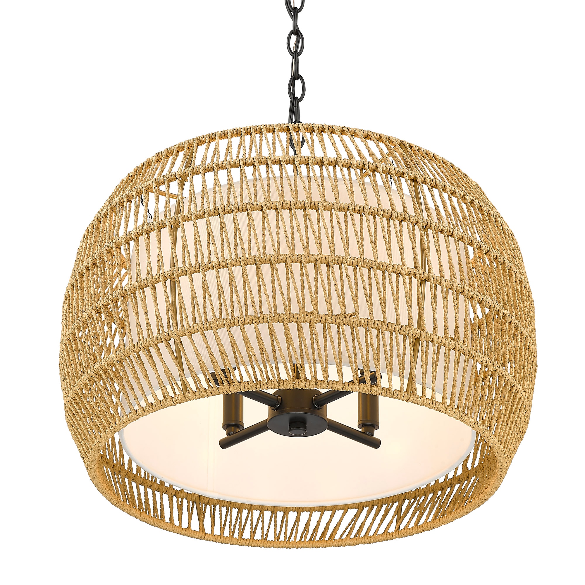 Everly Matte Black Drum Chandelier with Handwoven Rattan Detail