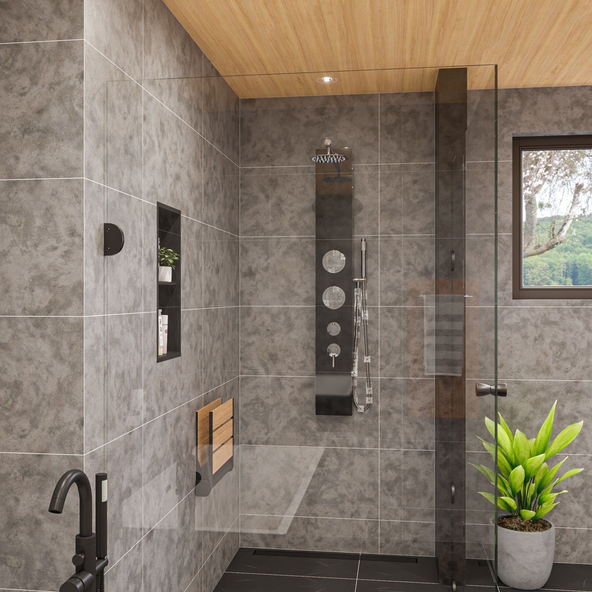 Bathroom Alcove with Black Shelves - Modern - Bathroom