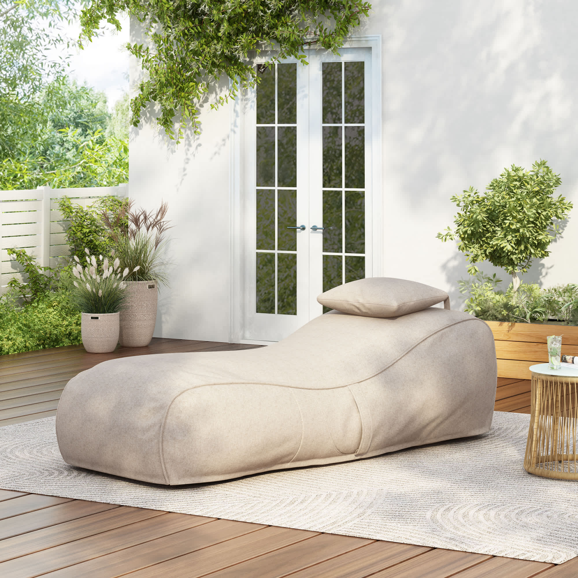 Roomfitters  Outdoor Bean Bag Lounge Chair Ergonomic Patio Recliner Lounger with Headrest Pillow Beige