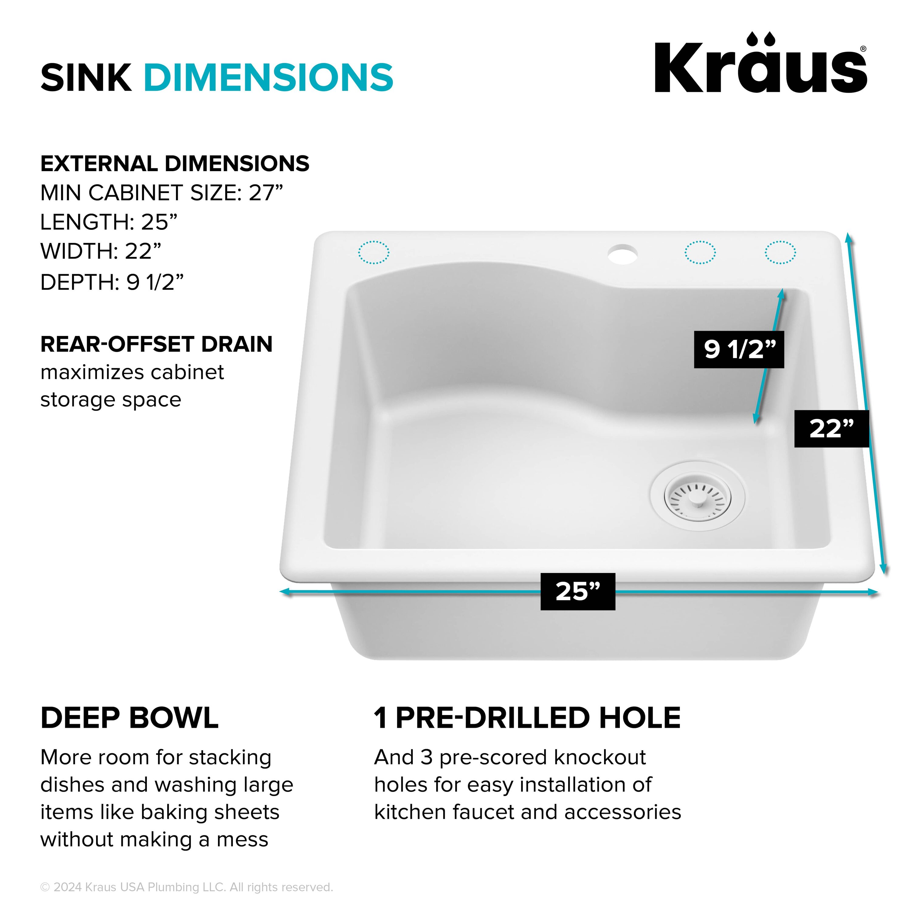 25" White Granite Single Bowl Drop-In Kitchen Sink