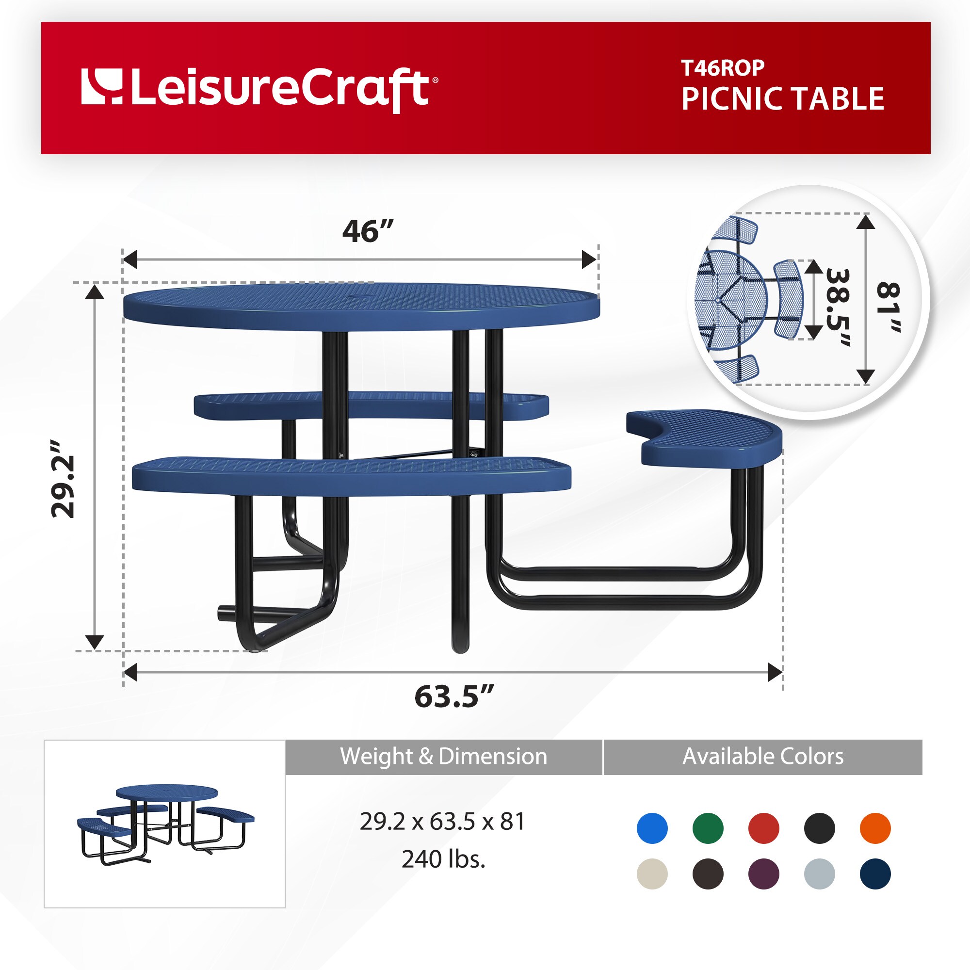 LeisureCraft T46ROP-ADA-NAVY Picnic-Tables - View #6