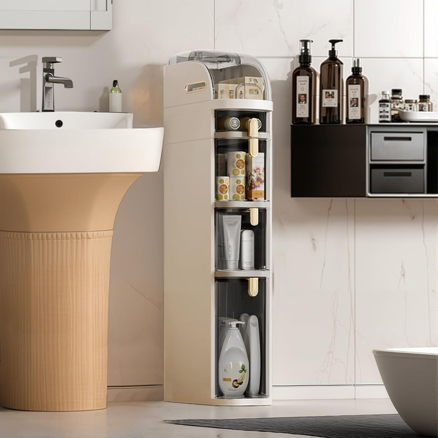 Garvee 4 Tiers Narrow Bathroom Floor Storage Cabinet 18cm Plastic Drawers Organizer with Wheels Waterproof Bathroom Cabinet for Small Spaces Kitchen Laundry Living Room