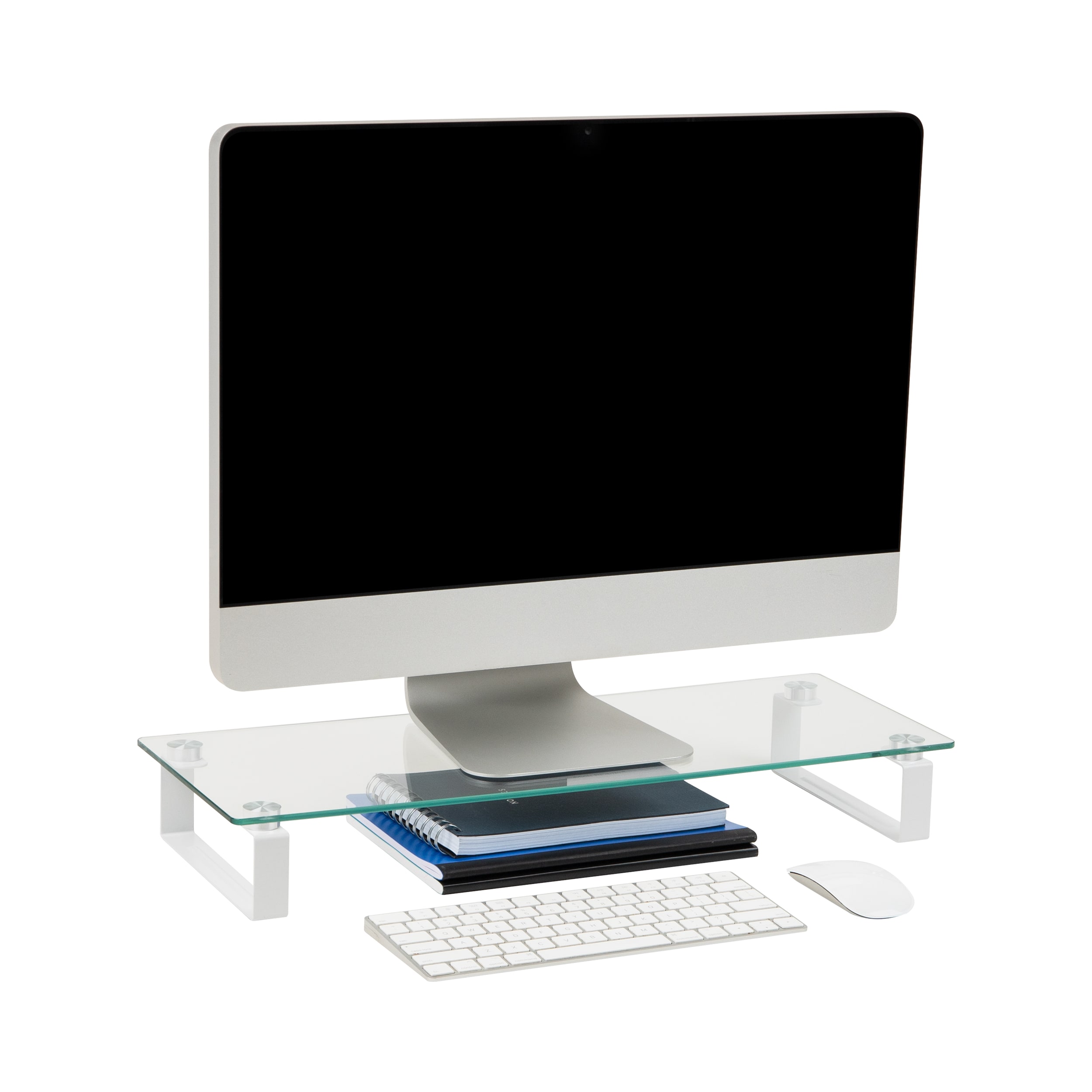 Mind Reader GLASS-CLR  Monitor Stand, Contemporary, Desktop Organizer, Laptop Riser, Office, Glass, 22"L X 8.25"W X 3"H, Clear