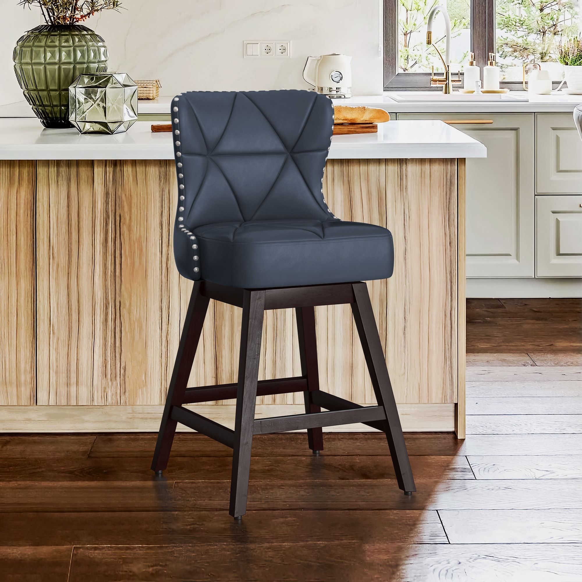 LUE BONA YB-038-07LS Navy Blue 26.0-Inches H Counter height Bucket seat Upholstered Swivel Wood Bar Stool and Back