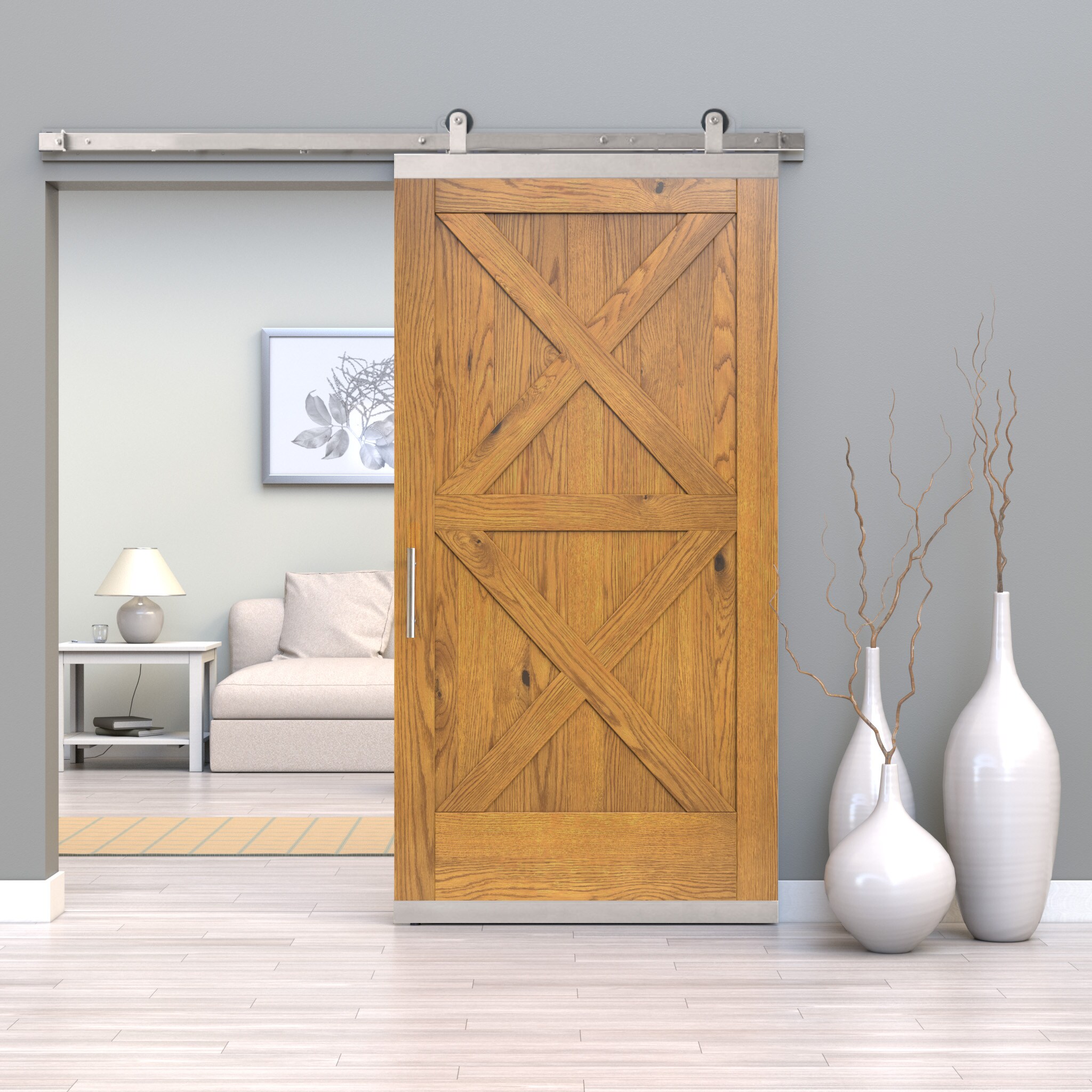 JELD-WEN LOWOLJW248600154 42-in x 96-in Khaki Crossbuck White oak Wood Solid core Single Barn Door (Hardware Included)