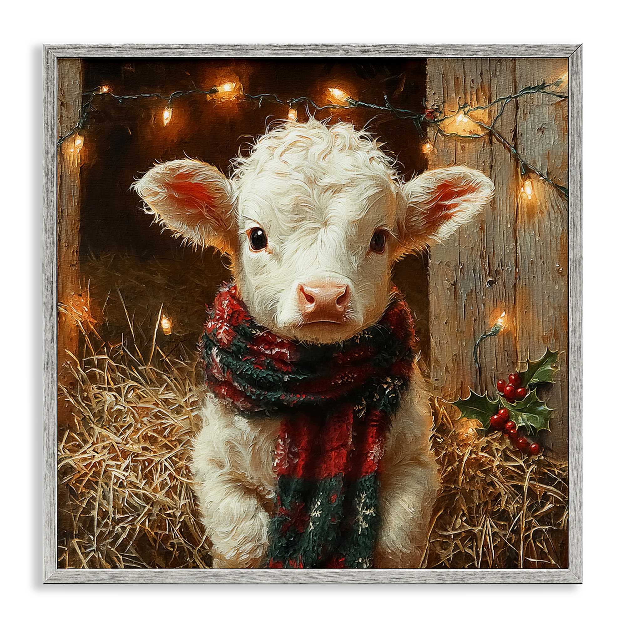 Stupell Industries BT-935-GFF-17X17 White Calf with Holiday Lights Gray Framed Giclee Art By Riley B 17 x 17