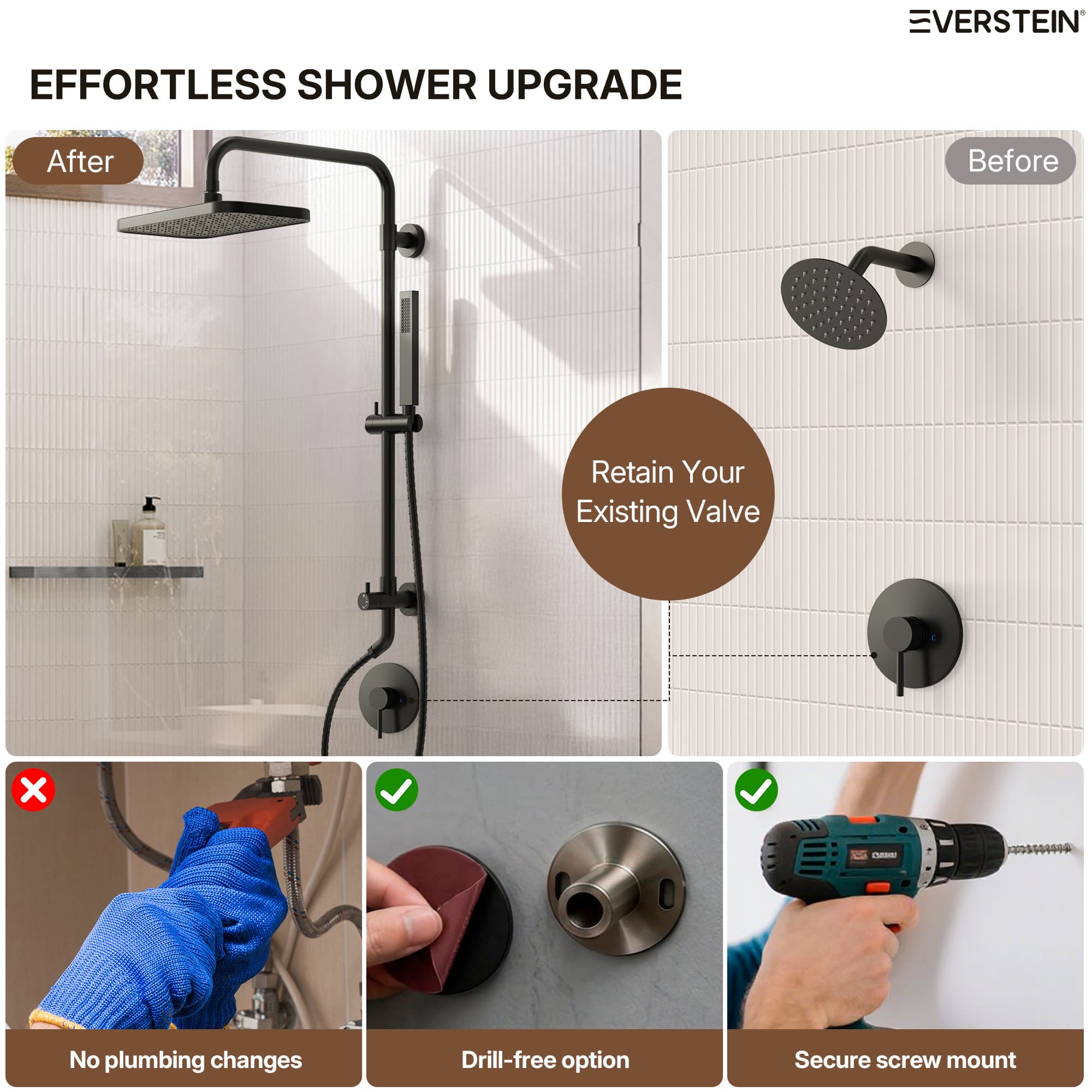 EVERSTEIN SFS-1329R-BK Showerhead-Bar-Panels - View #10