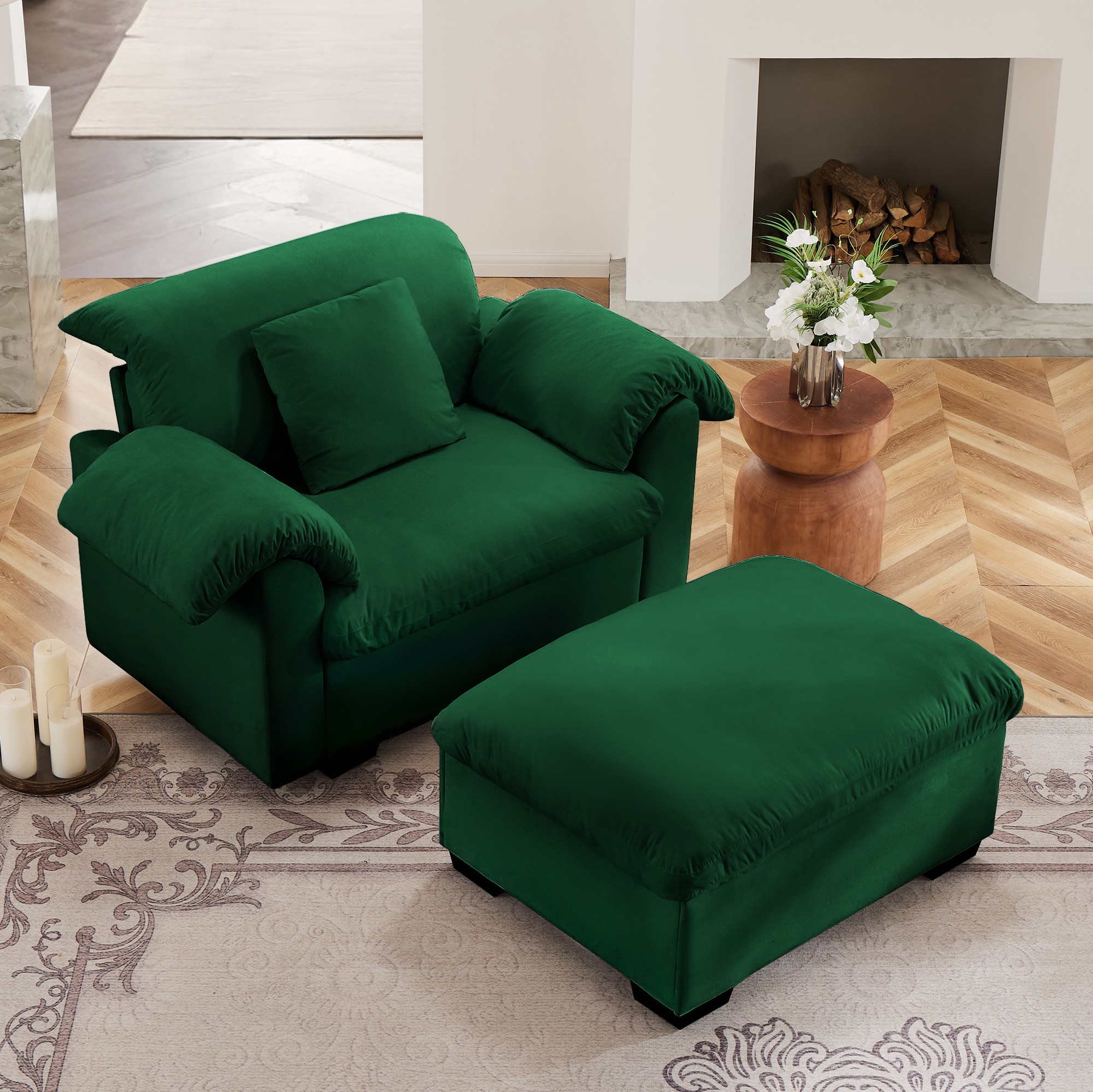 GDFStudio 333365 Moss Velvet Deep Seat Sofa with Storage and 1 Ottoman