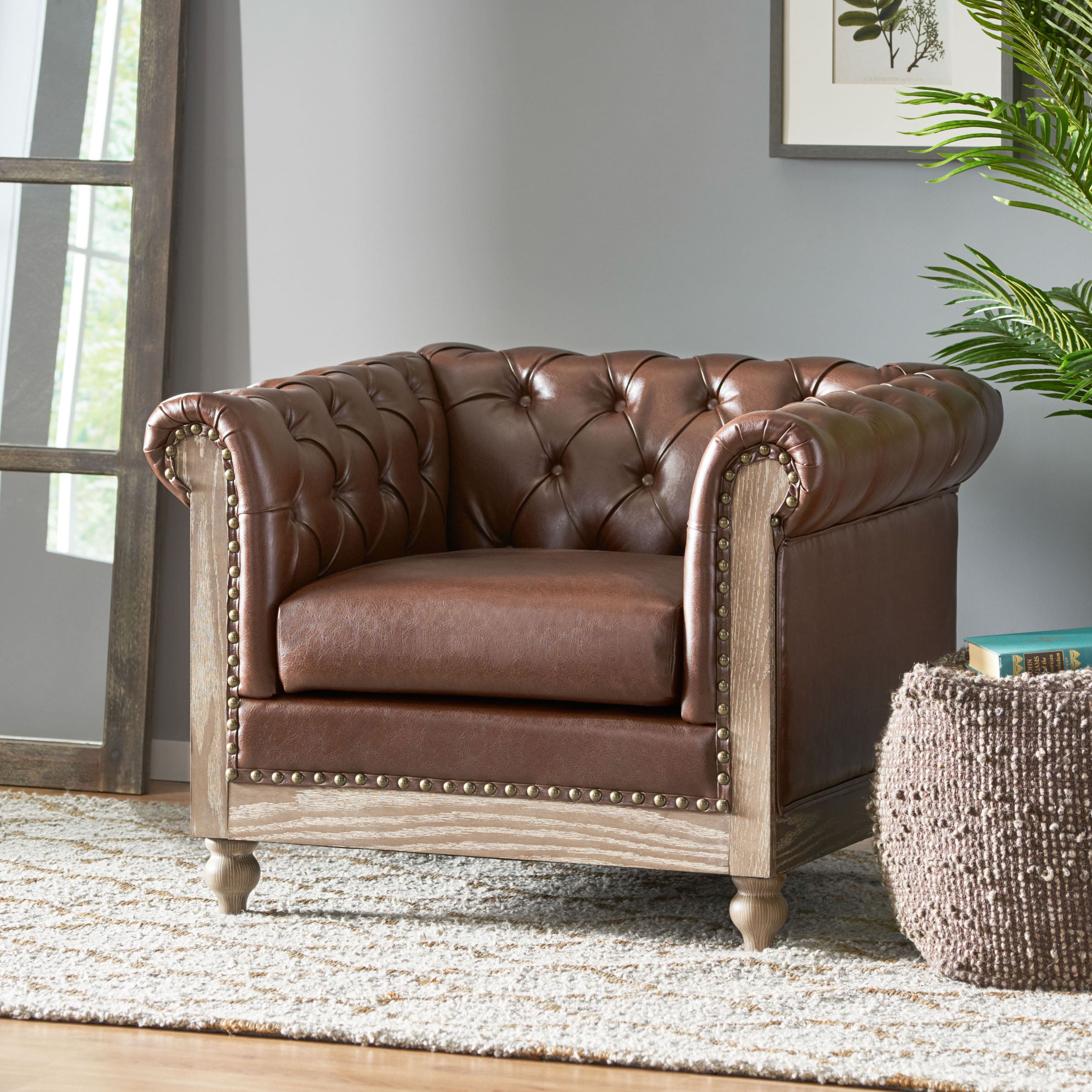 Christopher Knight Home 314388 Castalia Chesterfield Tufted Club Chair with Nailhead Trim-Dark Brown