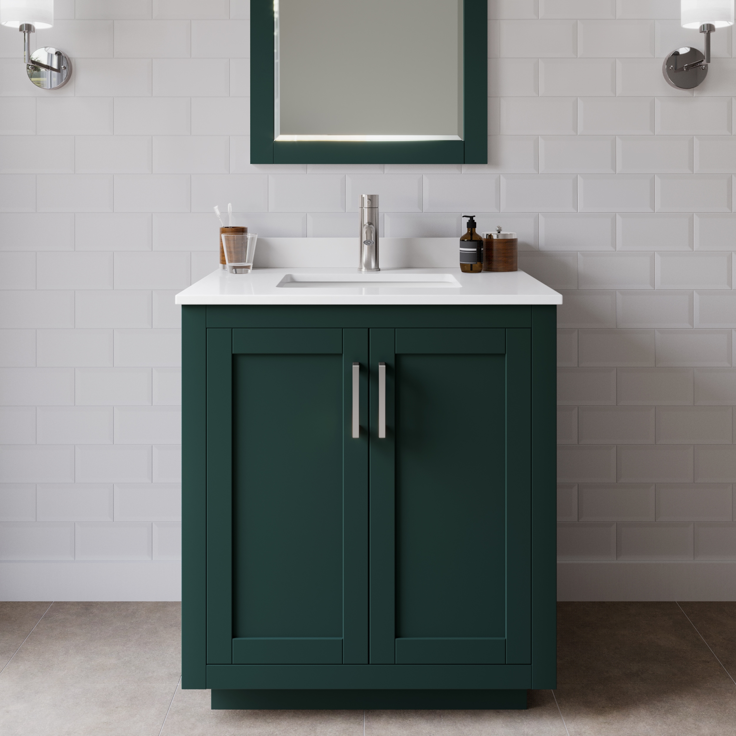 Wyndham Collection WCF292930SGEWCUNSM24 Miranda 30-in Green with Brushed Nickel Trim Undermount Single sink Bathroom Vanity with White Cultured Marble Cultured marble Top (Mirror Included)