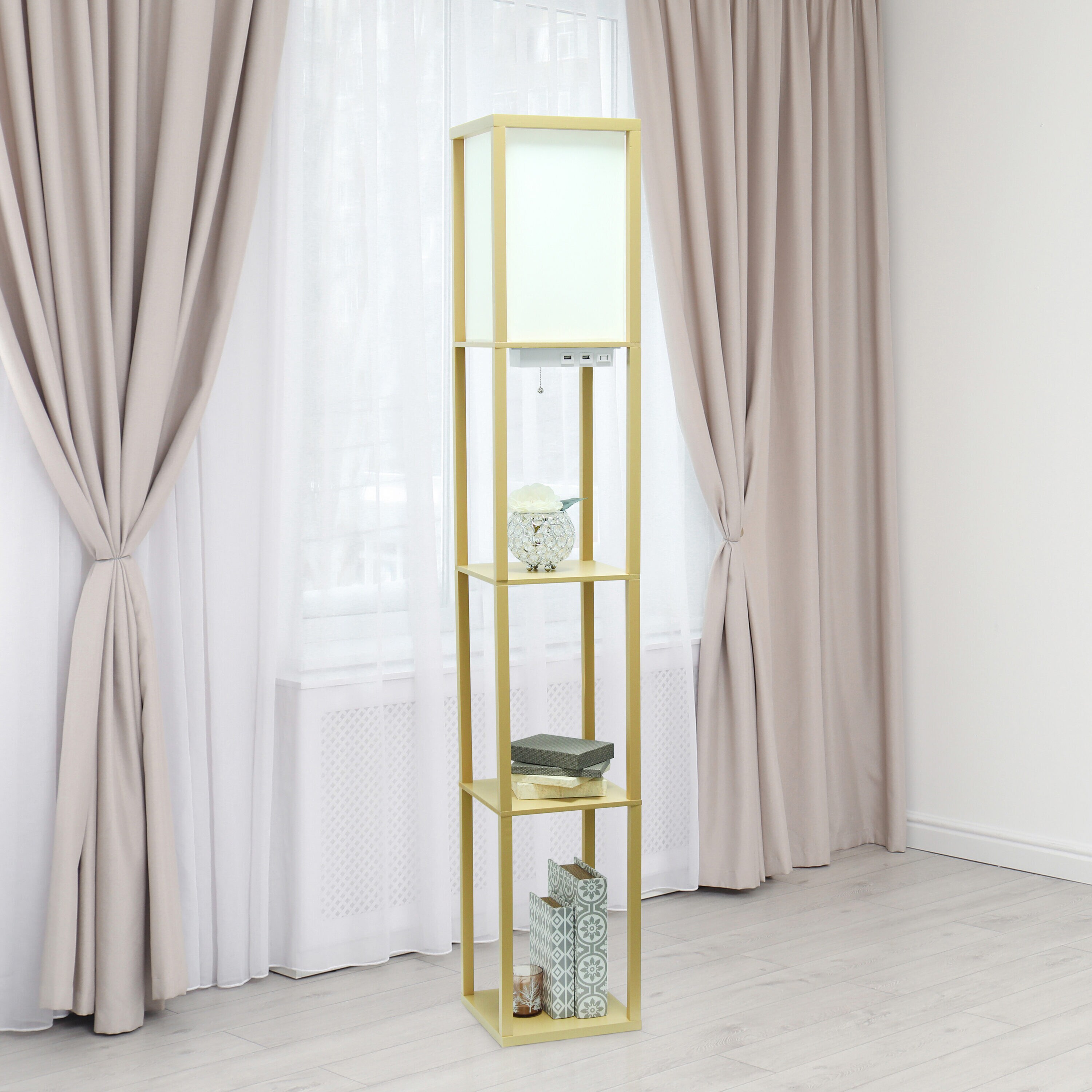 Tan Wood Floor Lamp with Shelves and Linen Shade