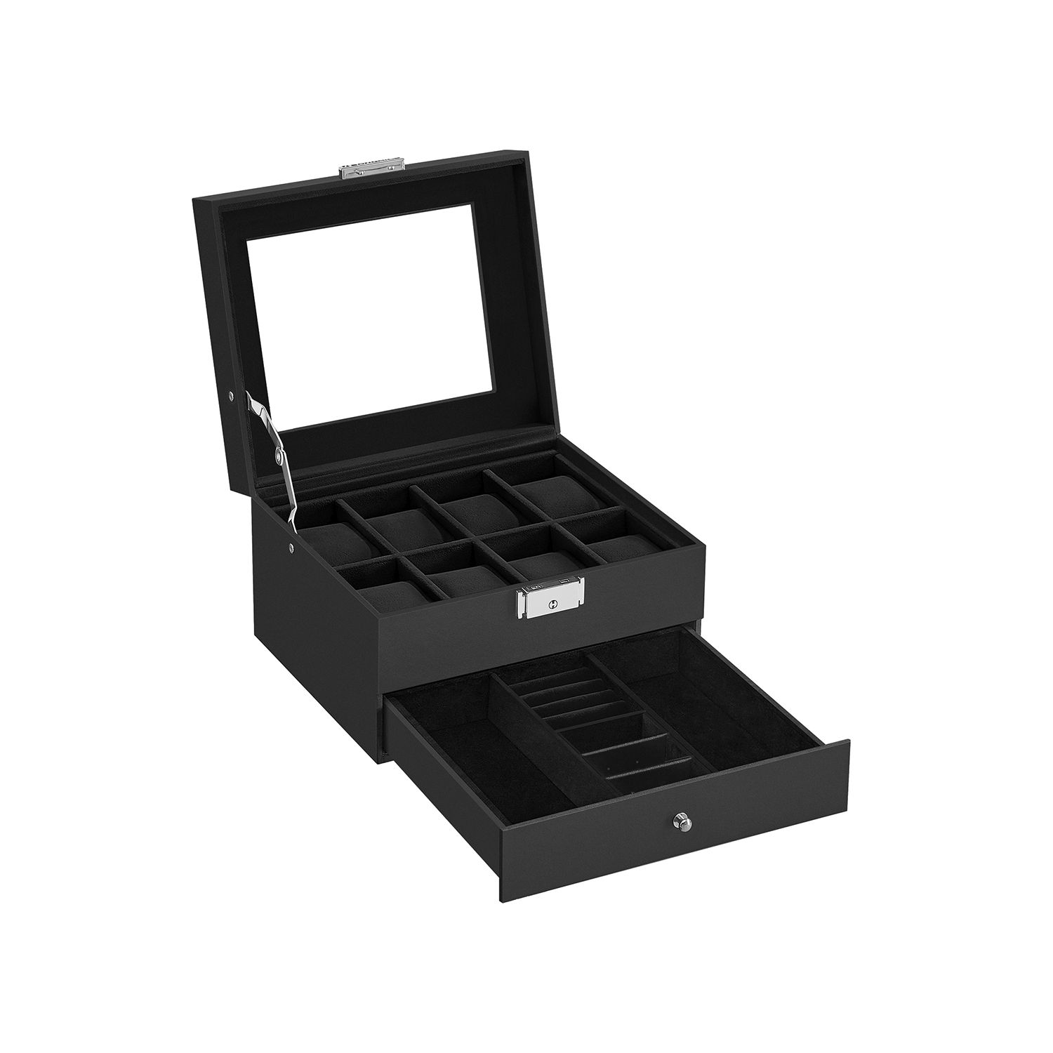 Slickblue 2 Layer- 8-Slot Watch Storage Box Glass Lid for Dresser Shelf or Closet Use- Black/ Black and Gray