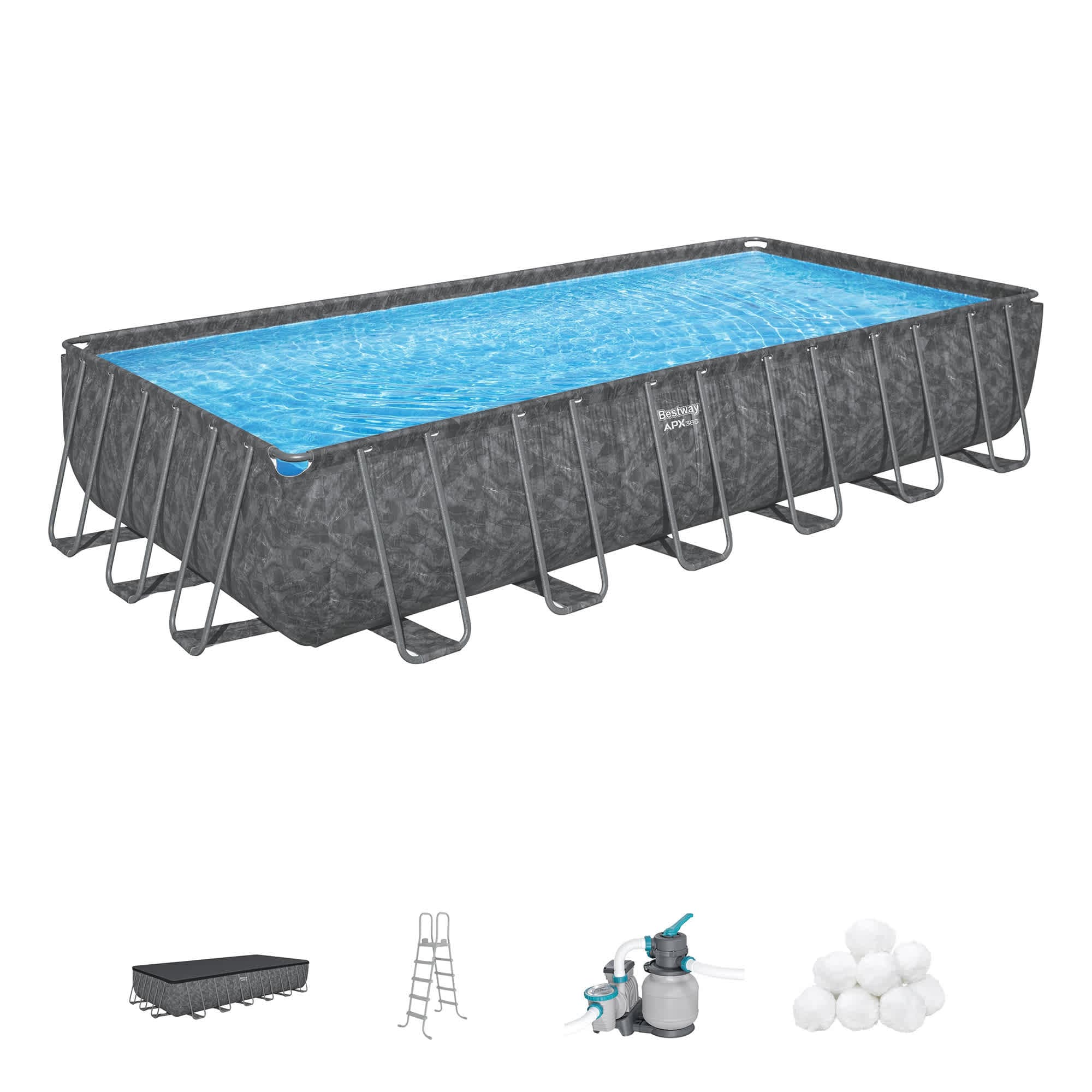 Bestway 412341 APX 365 24ft x 12ft x 52in Rectangular Above Ground Swimming Pool Set Gray