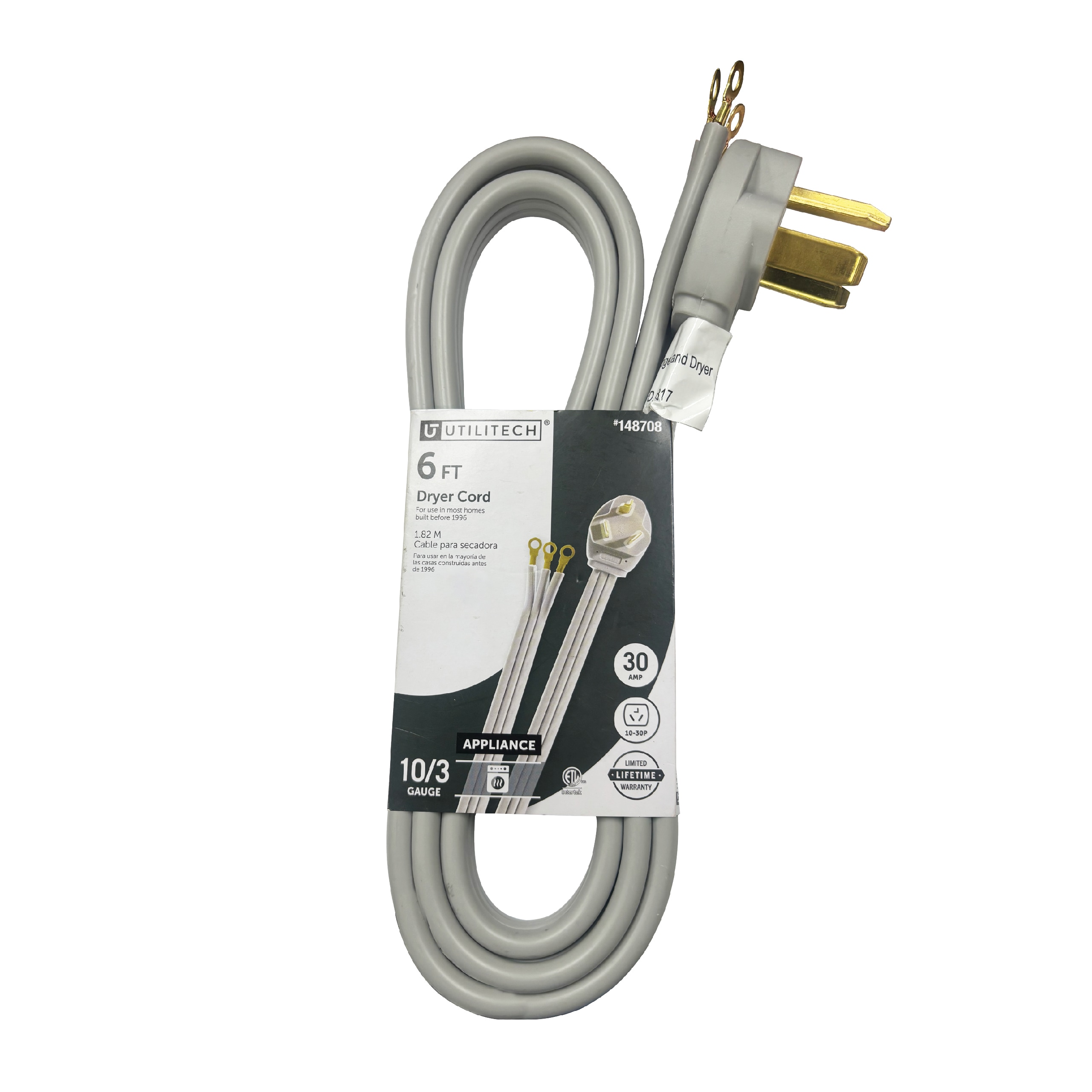 Utilitech 0122 Dryer Cord 6-ft 30 -Amp 3 -Prong Gray Dryer Appliance Power Cord