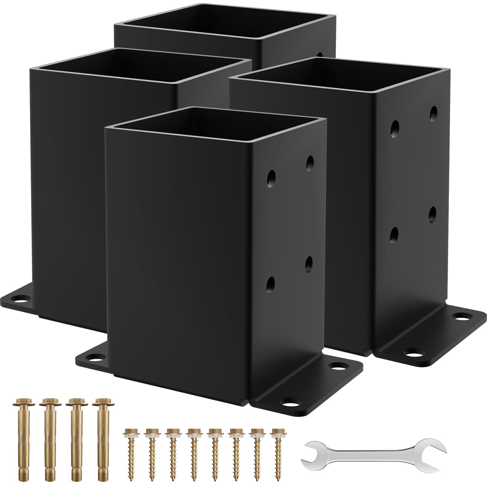 Phyfalip  4x4 Post Base Set 4pcs Fits 3 Point 5 x 3 Point 5 Inch Wood Posts Heavy Duty Metal Black Powder Coated for Deck Pergola Fence Includes