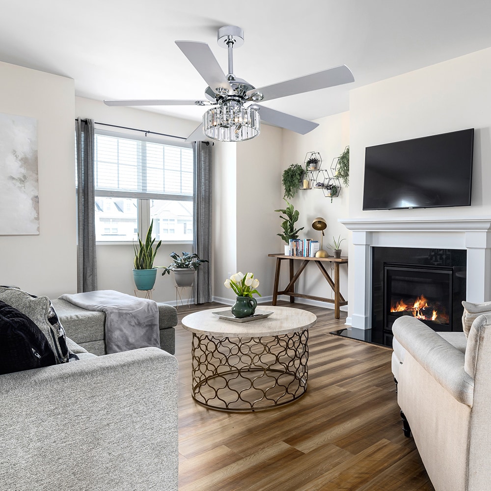 Chrome 52-Inch Ceiling Fan with Crystal Chandelier and Remote
