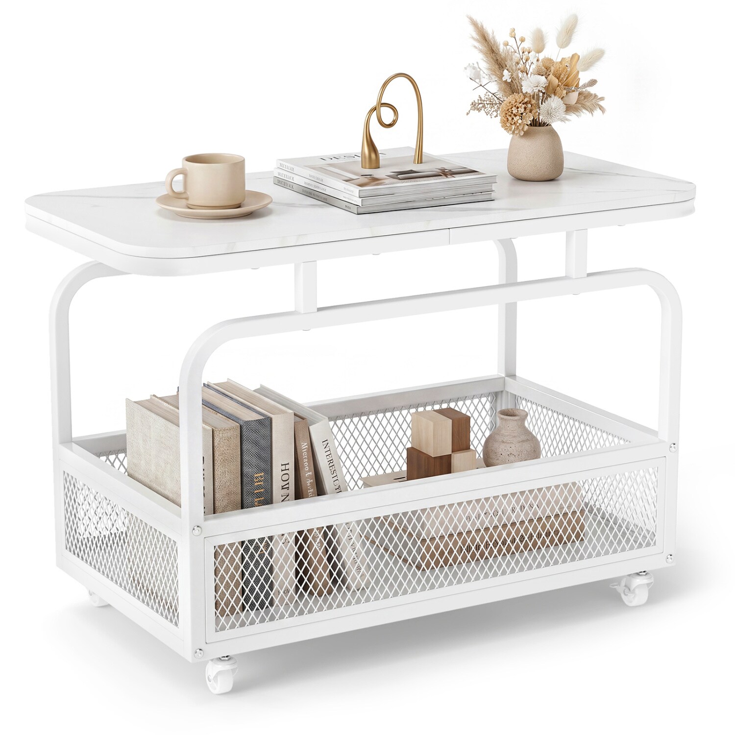 Volenca - 31.5-in 2-Tier Rolling End Table with Faux Marble Top and Metal Mesh Basket